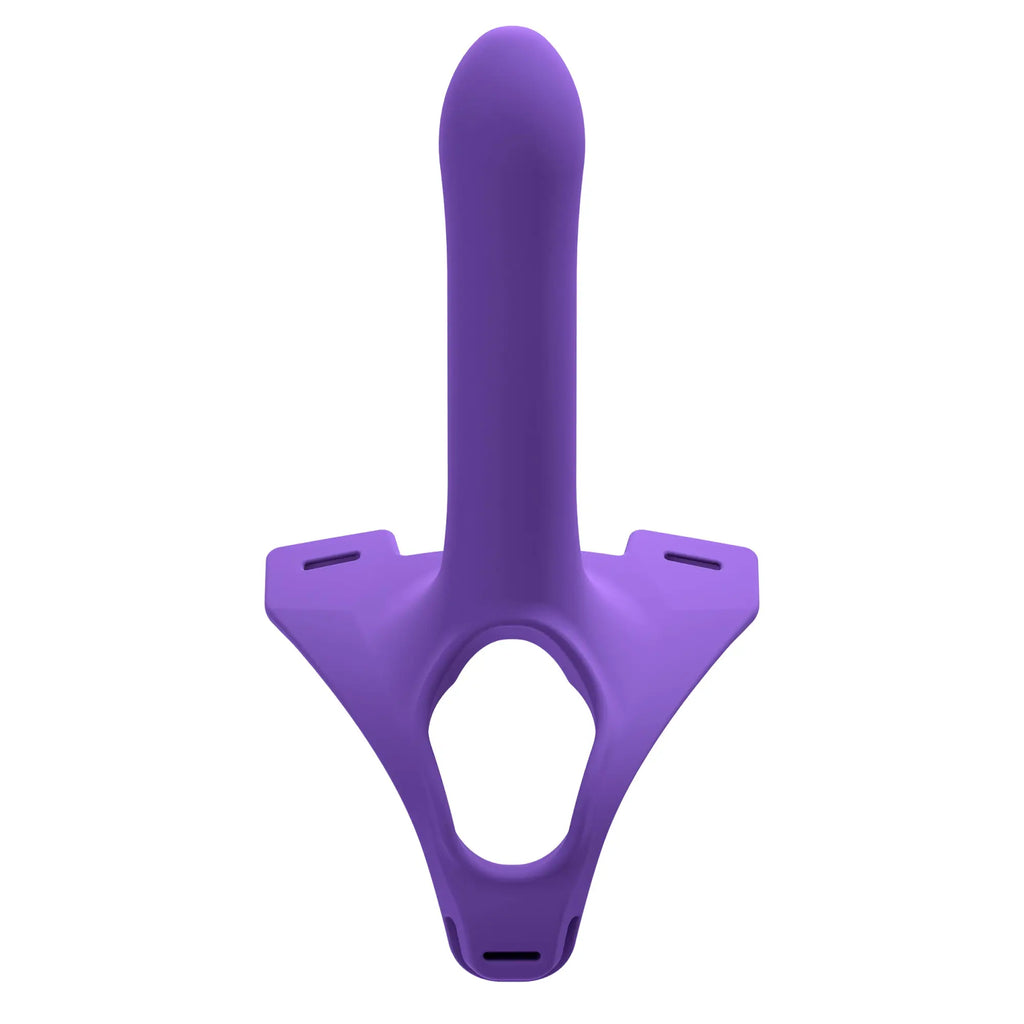 Purple silicone perfectfit zoro strap-on 5.5in with central shaft and wing-like supports for adult use