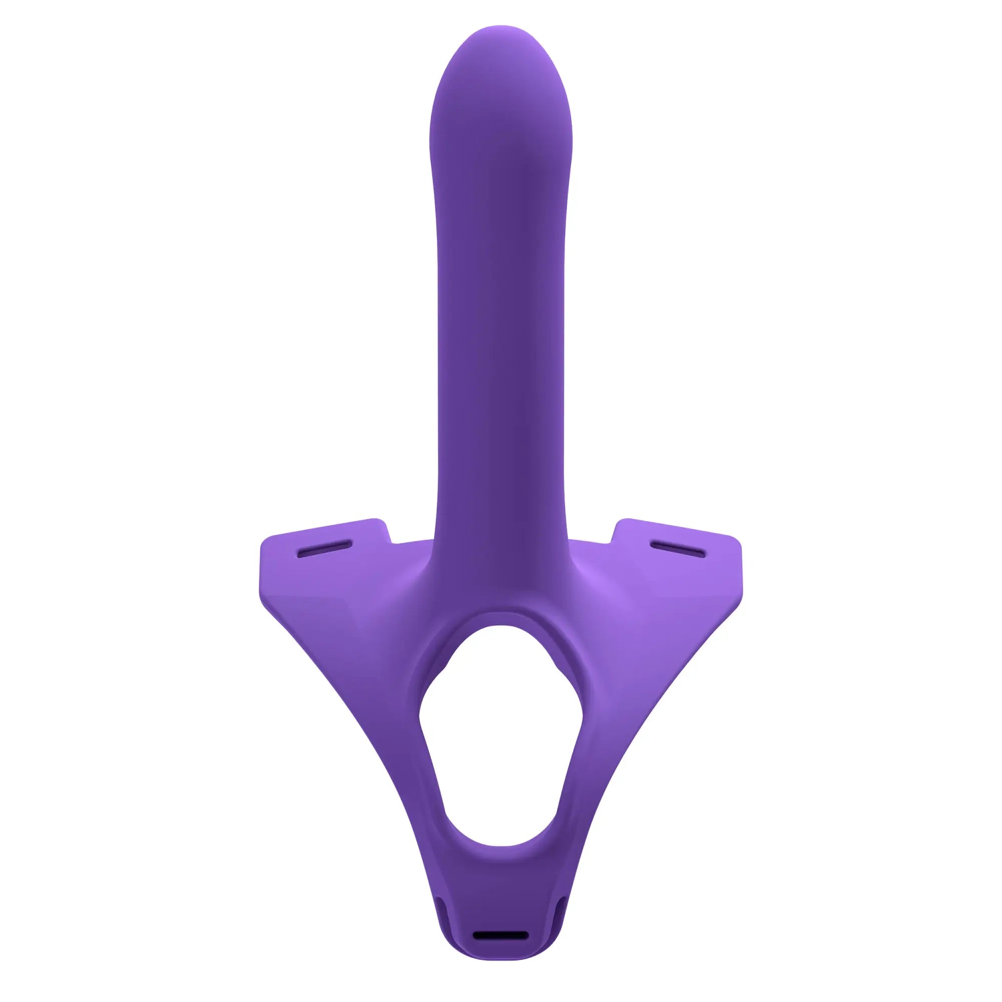 Purple silicone perfectfit zoro strap-on 5.5in with central shaft and wing-like supports for adult use
