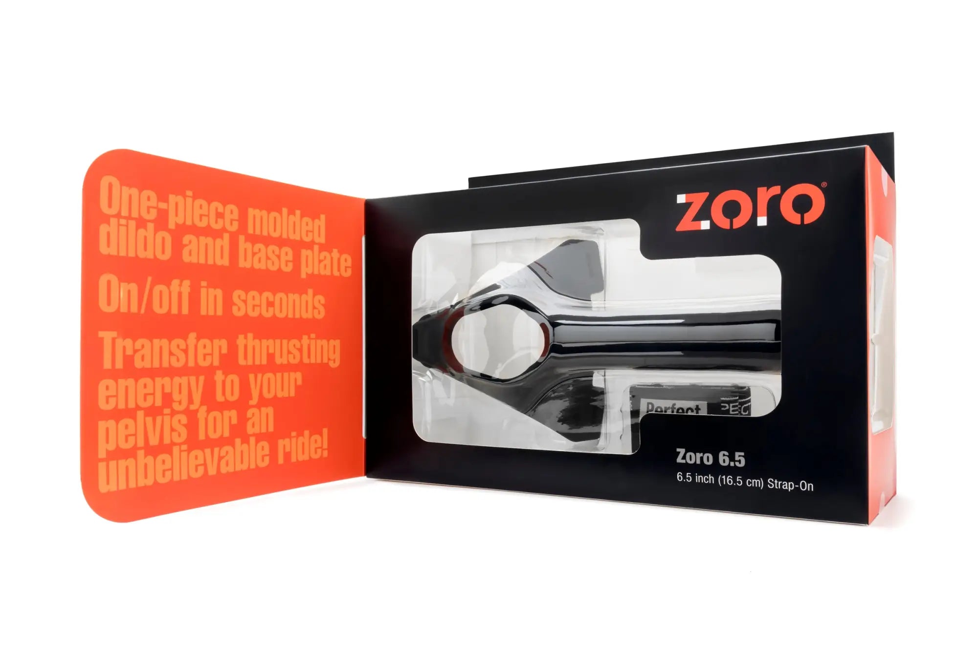 Perfectfit zoro strap-on 6.5in black with sleek black and chrome finish in orange and black packaging