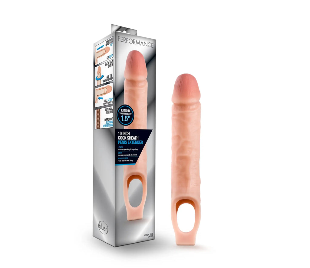 Pink silicone 10 inch cock sheath penis extender for performance enhancement in vanilla color and flexible material