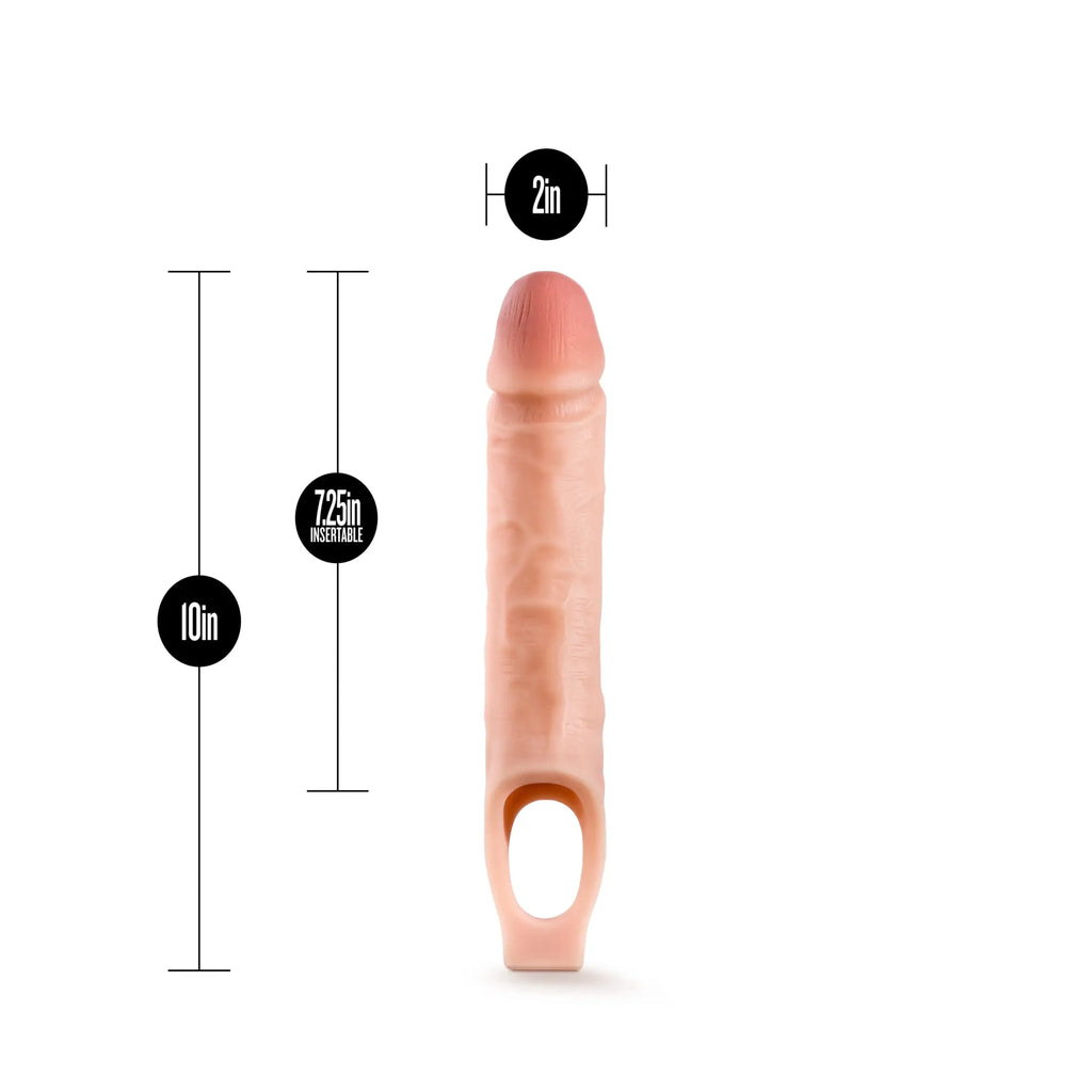 Pink silicone dildo performance 10in cock sheath penis extender with 2-inch head textured shaft and oval hole base