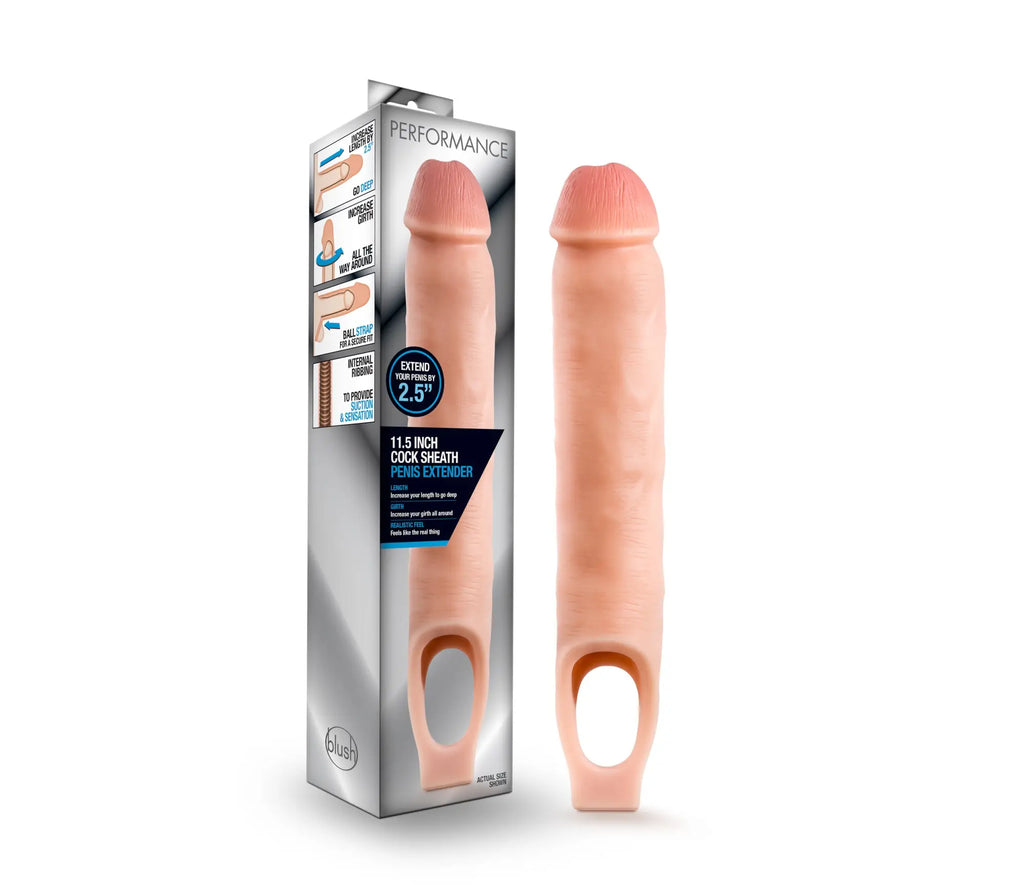 Peach-colored silicone 1.5-inch cock sheath penis extender by plus for performance 11.5in vanilla model