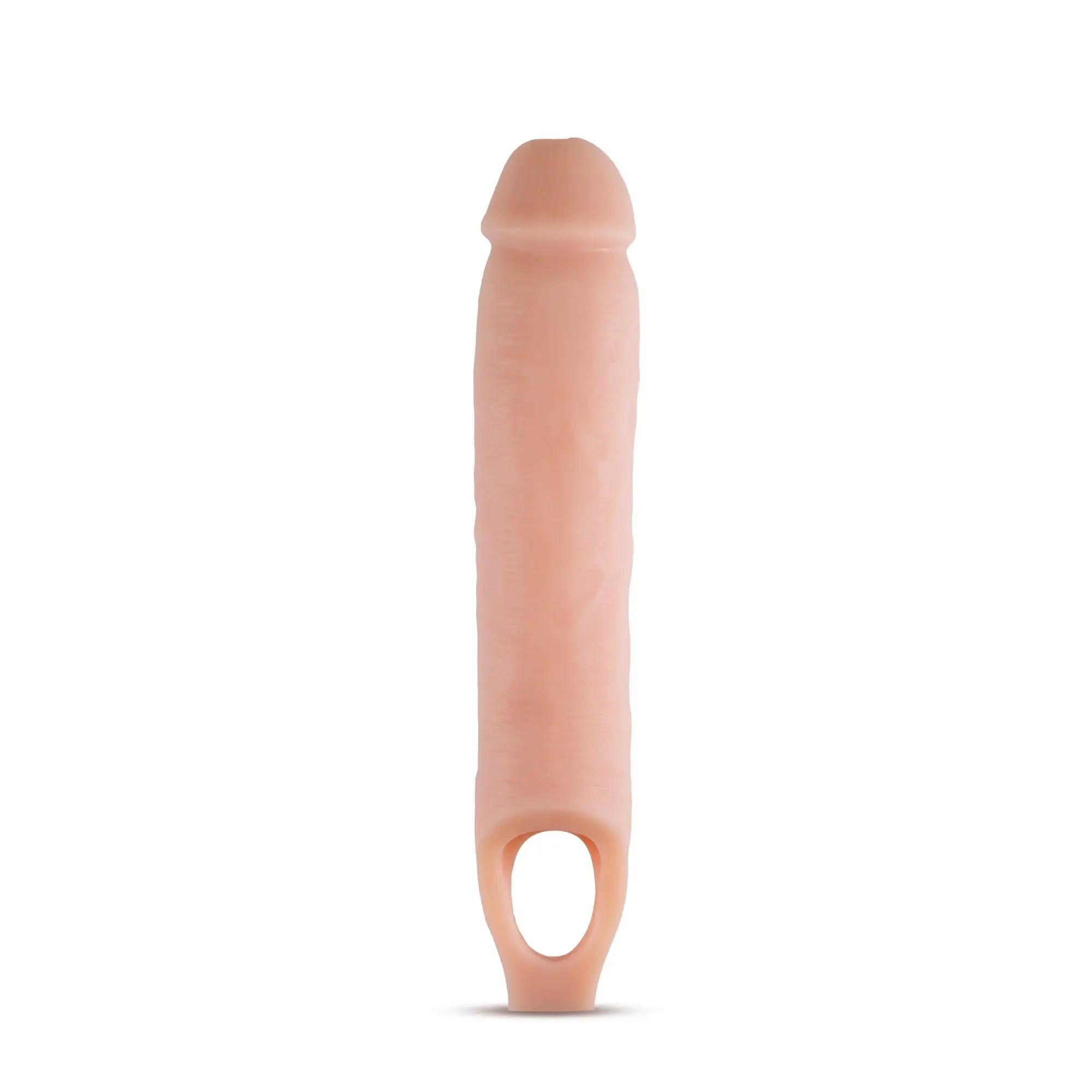 Peach-colored silicone male masturbator cock sheath with rounded head and oval base hole performance 115in vanilla