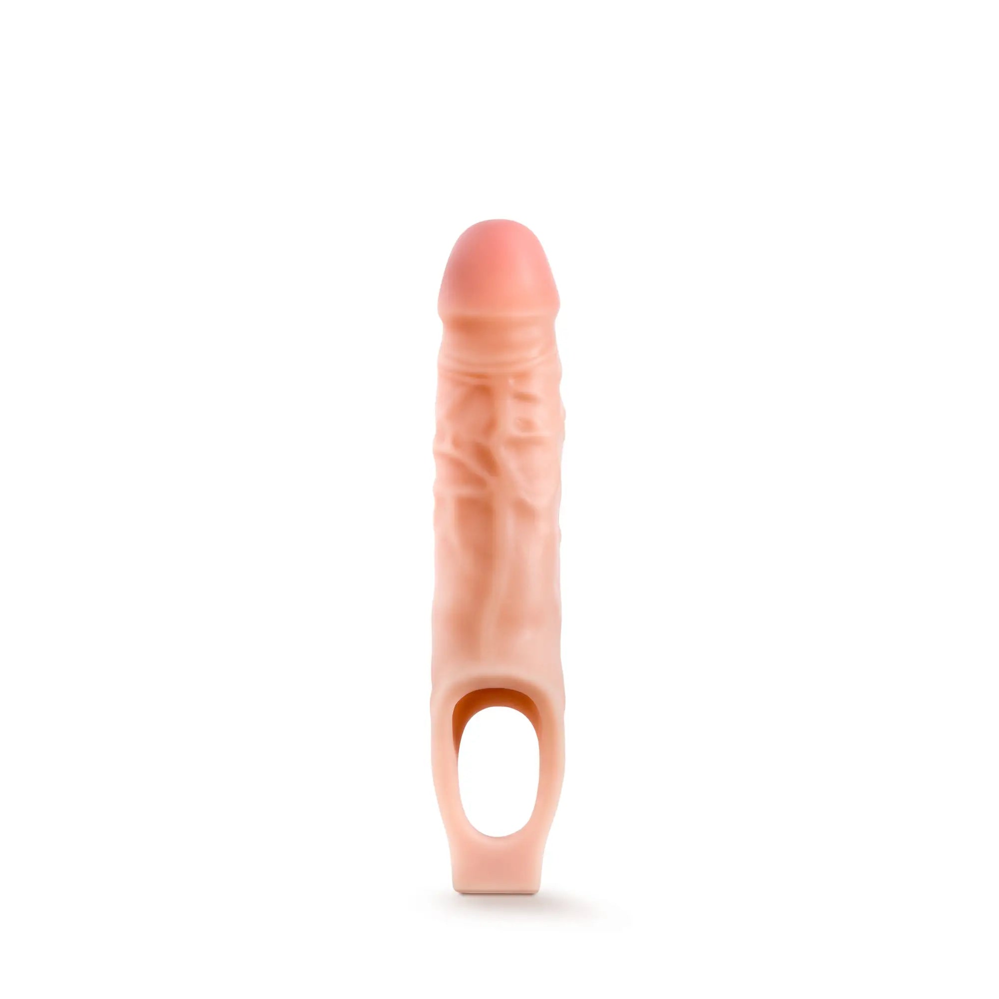 Pink silicone phallic-shaped performance 9in cock sheath penis extender with textured surface and circular hole at base