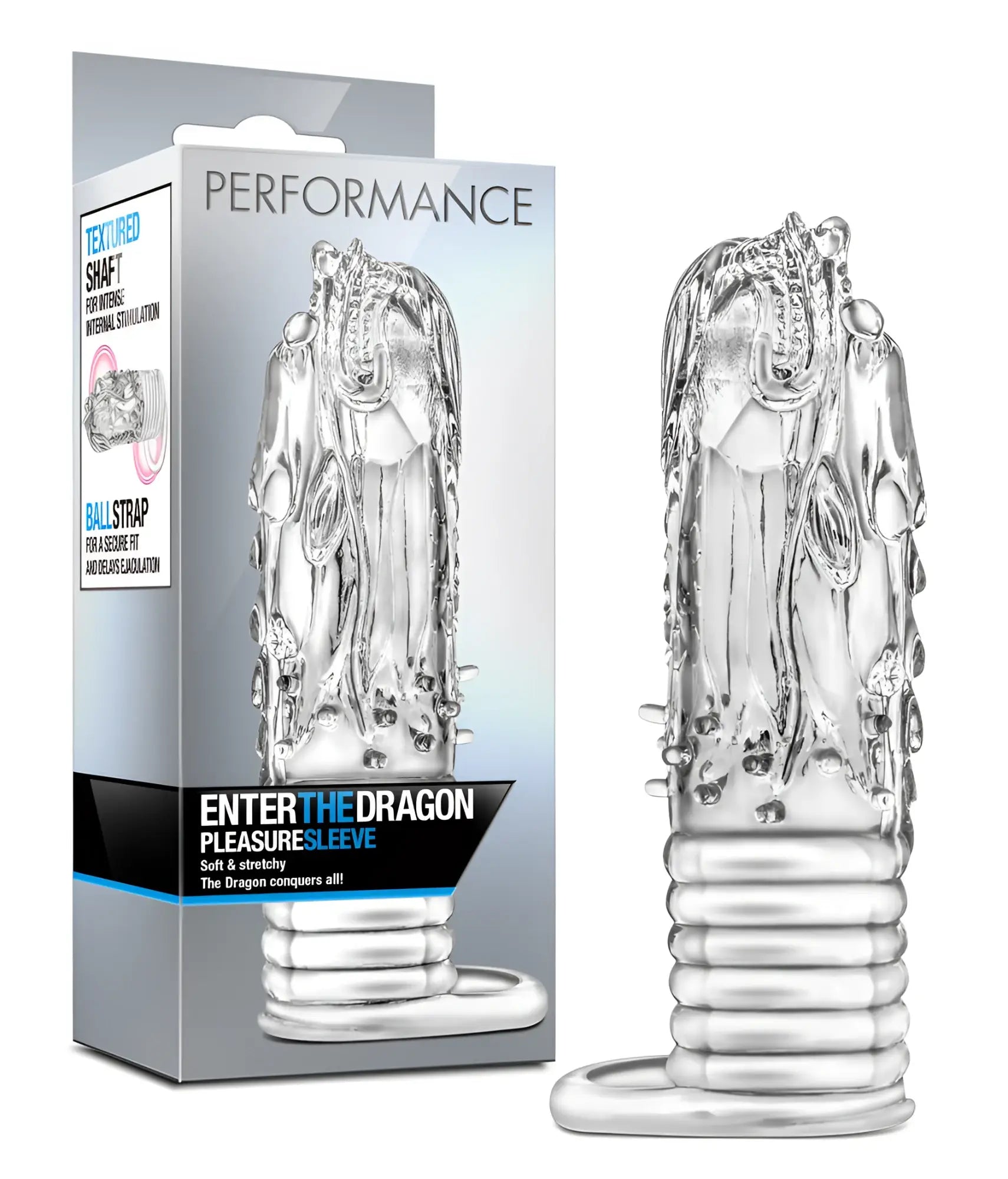 Performance enter the dragon clear silver transparent silicone pleasure sleeve with textured surface and ridged base