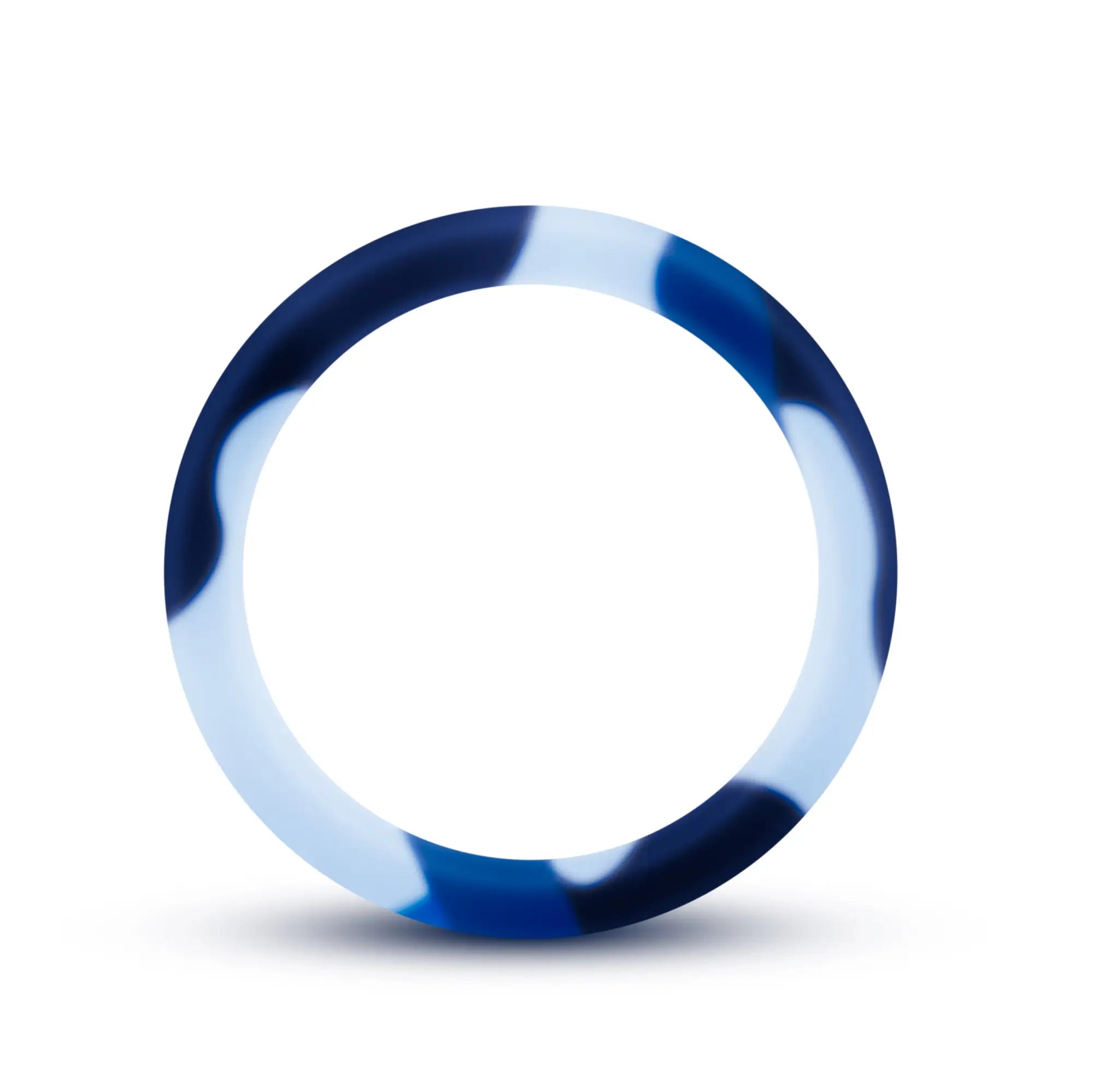 Performance silicone camo cock ring in blue camouflage features a sleek circular design with navy and light blue silicone swirls