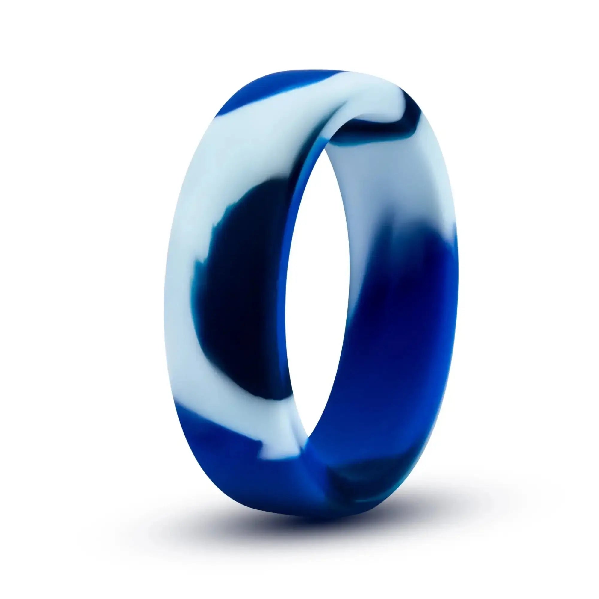 A sleek modern performance silicone camo cock ring with a swirling deep blue and white pattern