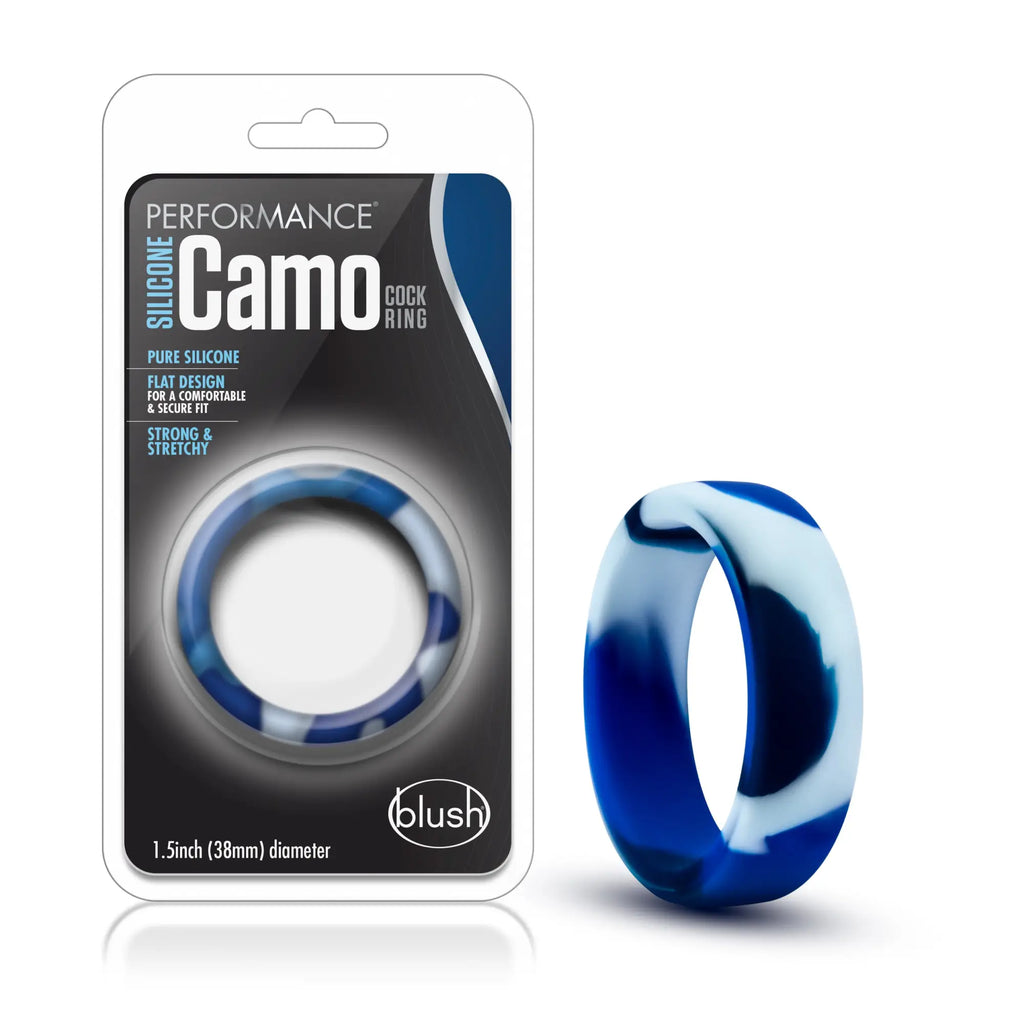 Blue and white camouflage-patterned silicone cock ring by blush for performance enhancement and comfortable wear