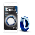 Blue and white camouflage-patterned silicone cock ring by blush for performance enhancement and comfortable wear
