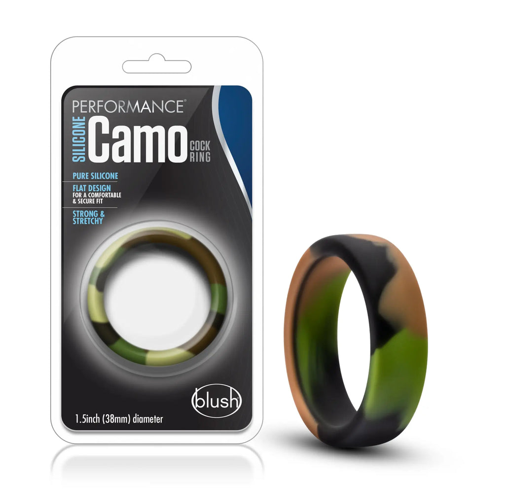 Performance silicone camo cock ring by blush in green black and tan silicone with a flat camouflage design