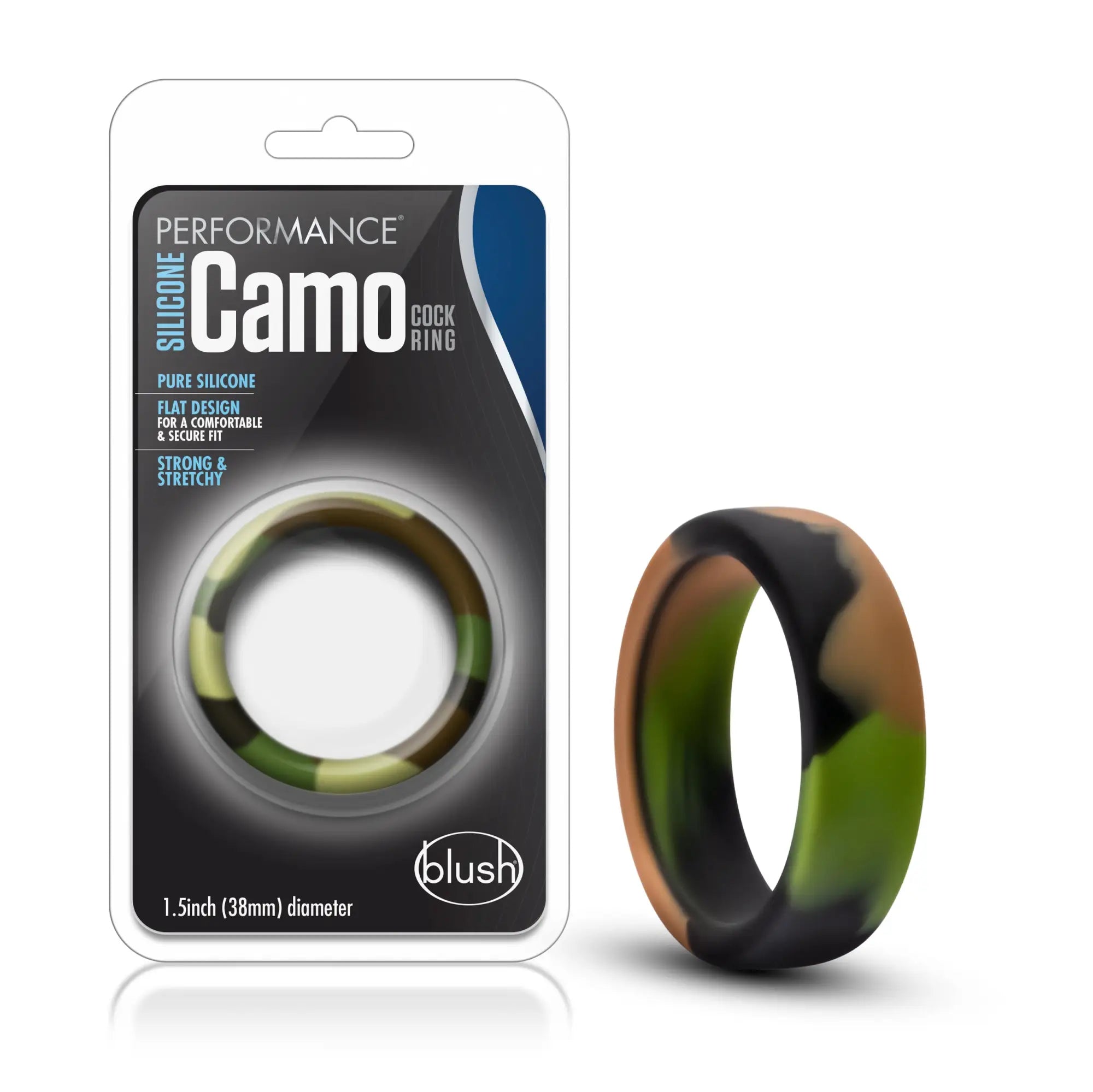 Performance silicone camo cock ring by blush in green black and tan silicone with a flat camouflage design
