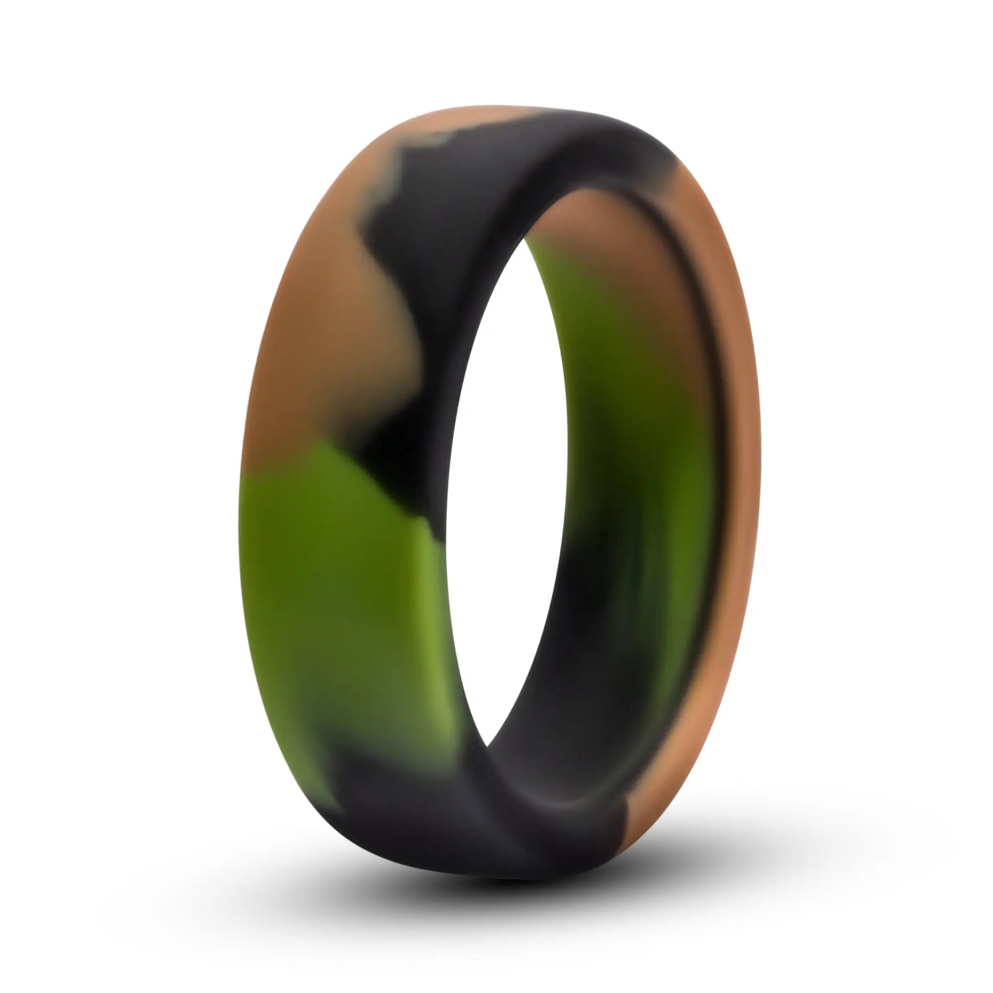 A sleek flexible silicone camo cock ring in green black and tan designed for performance and durability