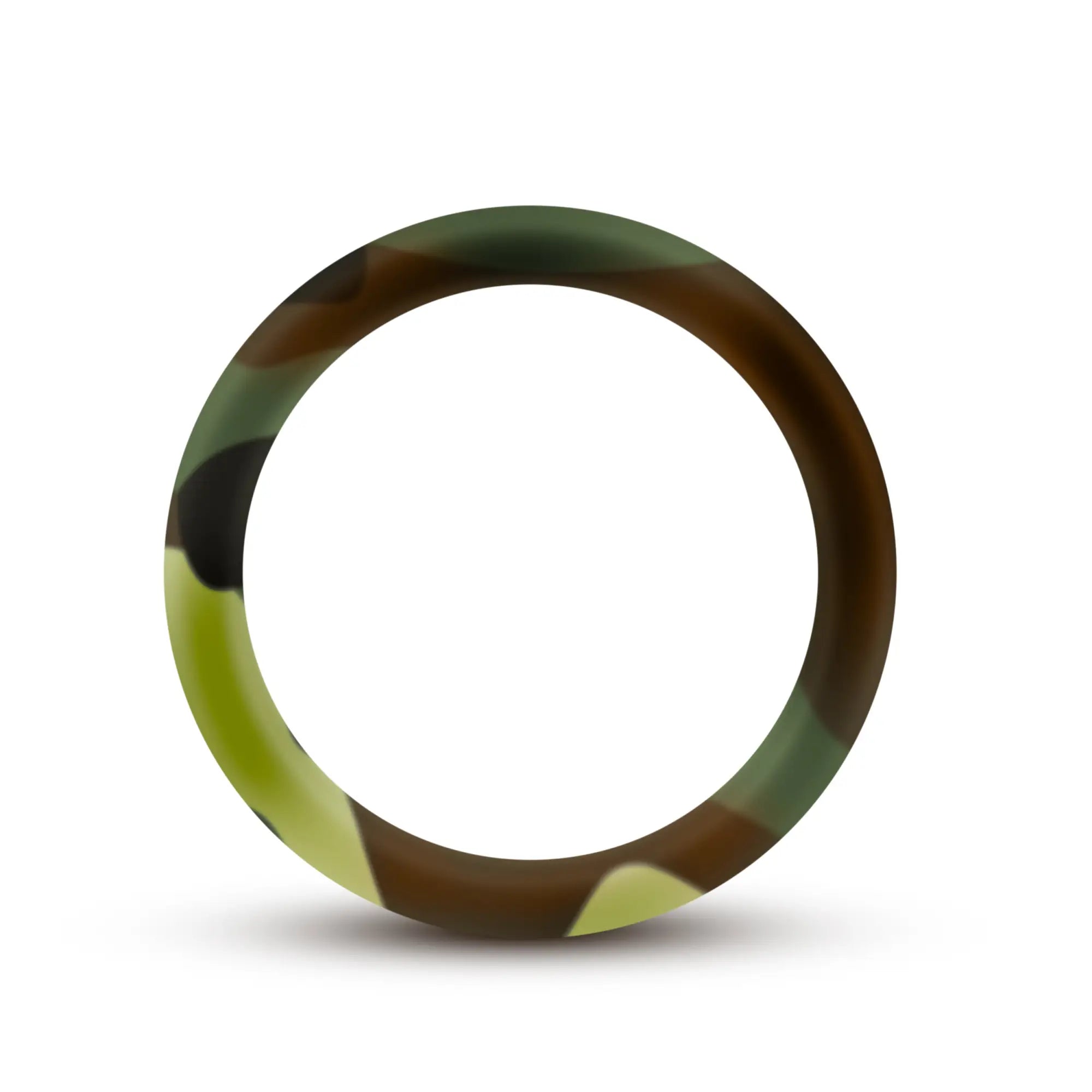 A smooth circular performance silicone camo cock ring in green camouflage with a glossy finish