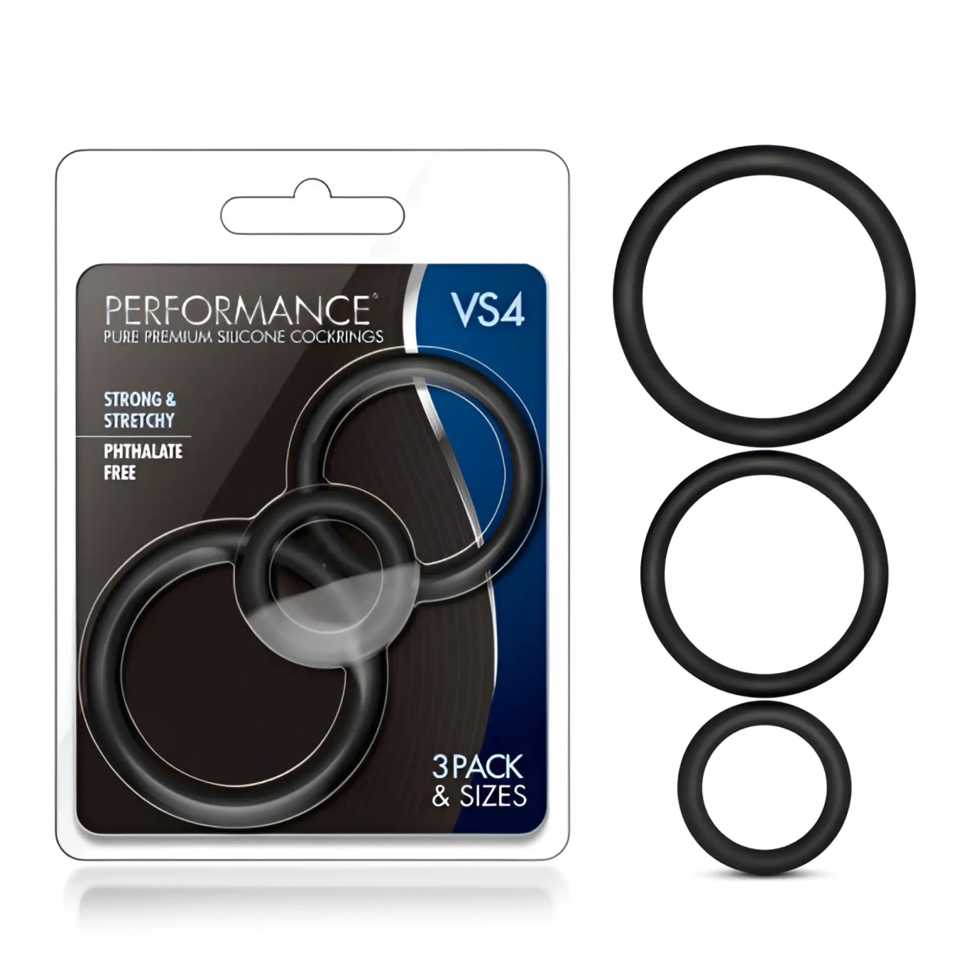 Black silicone 3-pack cockring set performance vs4 pure premium silicone cockrings in varying sizes