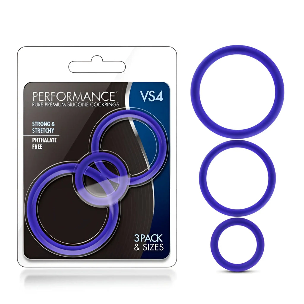 Performance performance silicone cock ring 3 pc set indigo showing purple silicone rings in three sizes in packaging