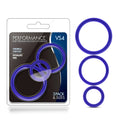 Performance performance silicone cock ring 3 pc set indigo showing purple silicone rings in three sizes in packaging