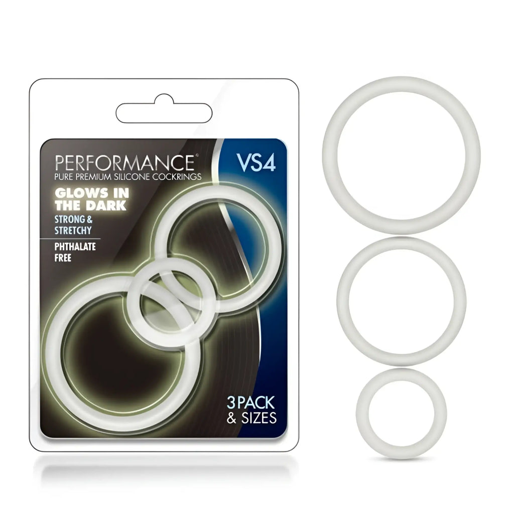 Performance vs4 pure premium silicone cockrings glowing in the dark white glow 3 sizes available in 3 pc set