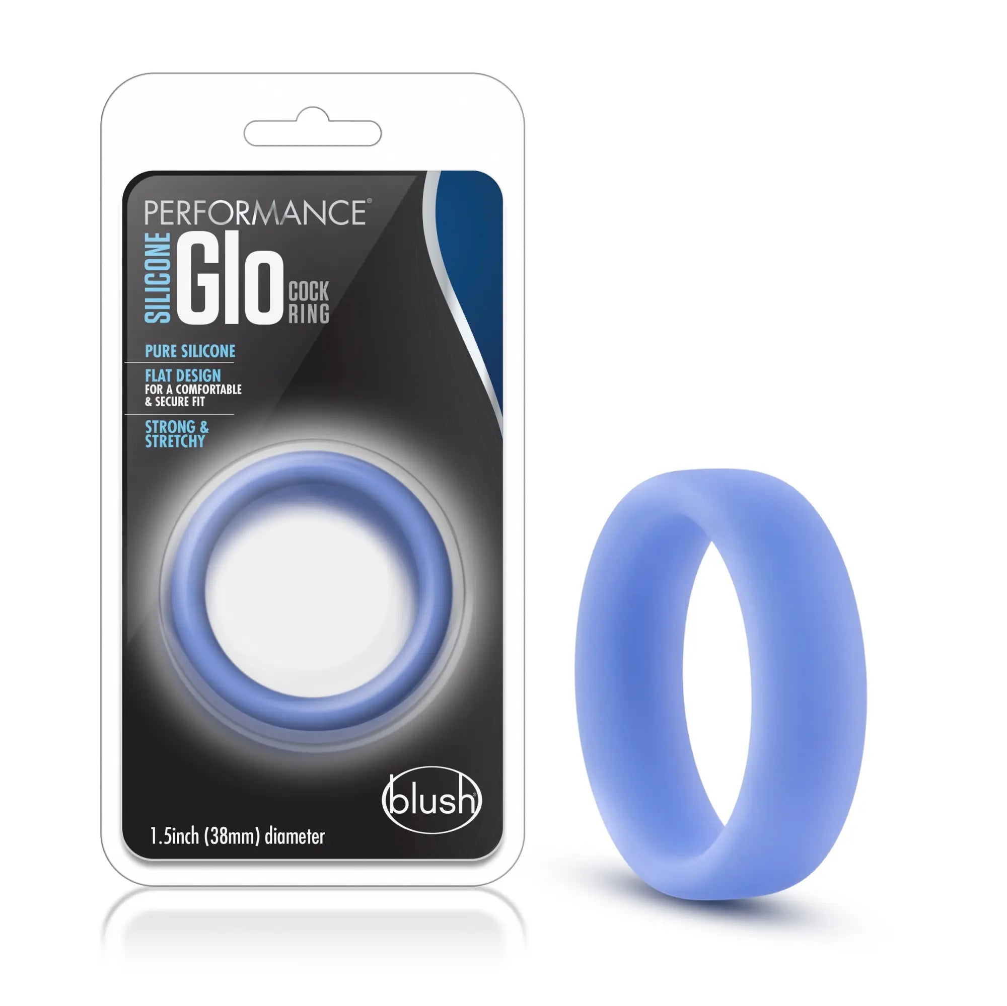 A light blue flat silicone cock ring from blush designed for performance and glow effects