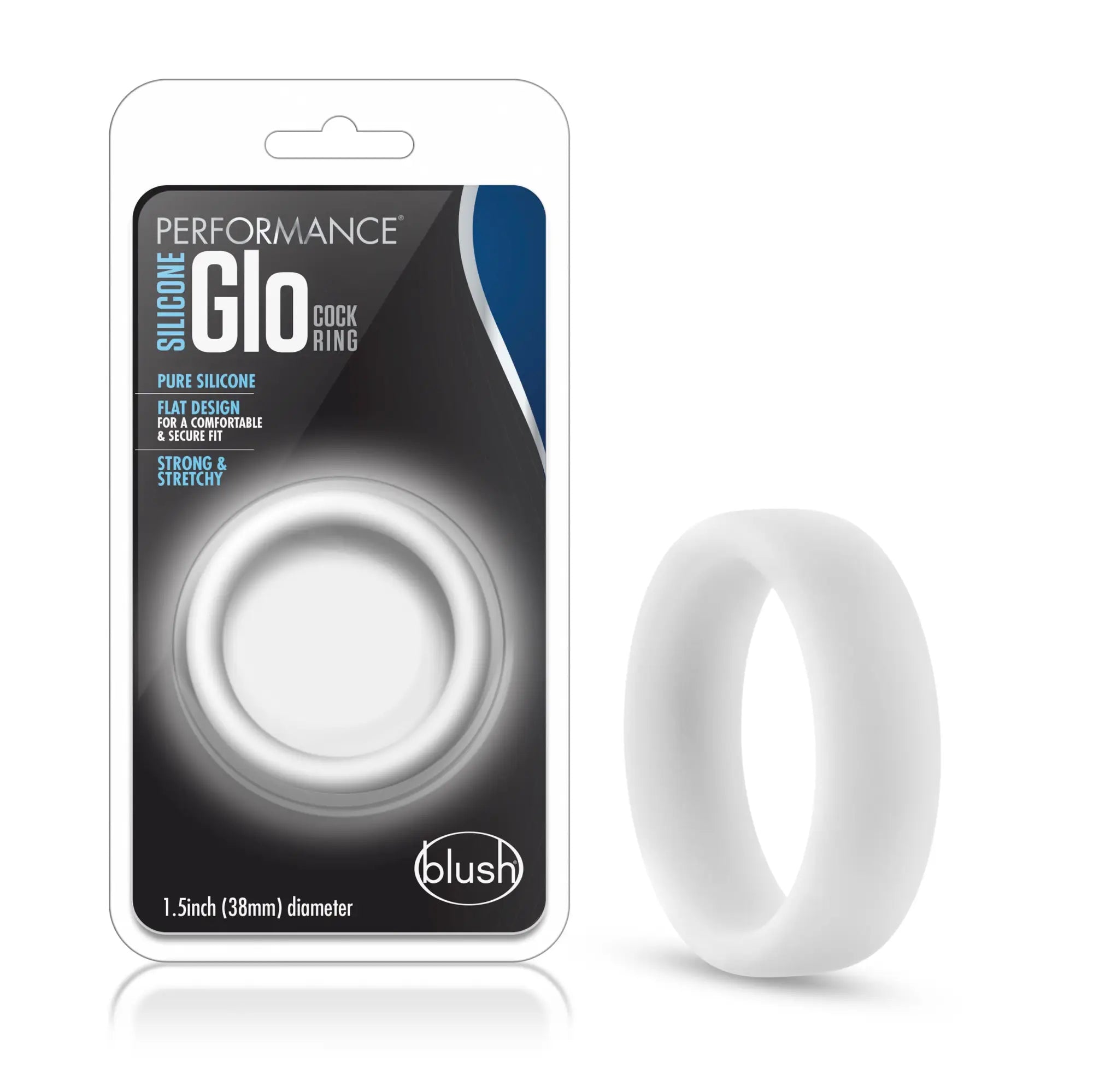 White silicone cock ring from blush with flat design and smooth texture in the performance silicone glo collection