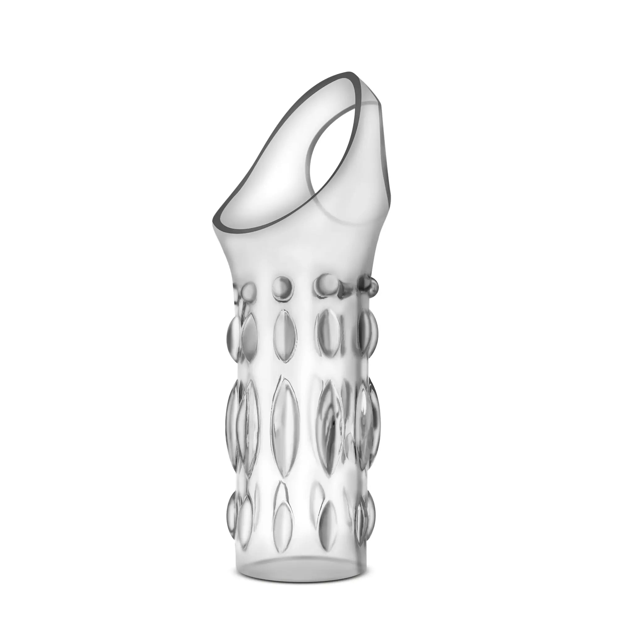 Clear transparent plastic performance studded sleeve ring with curved top and embossed oval patterns on surface