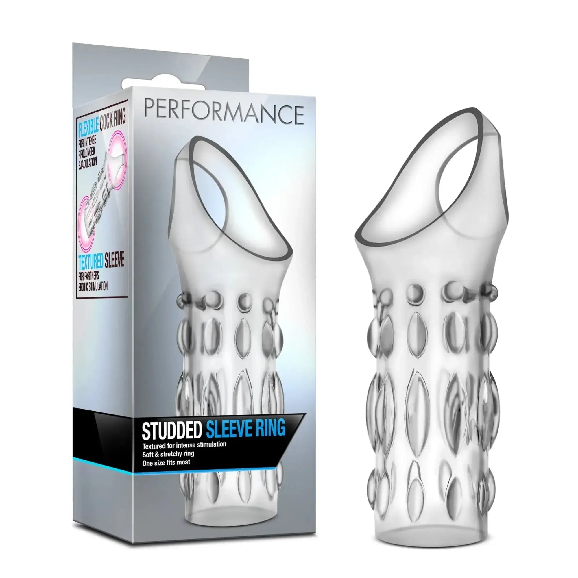 Transparent silicone studded sleeve ring with a flexible textured design for enhanced stimulation performance clear