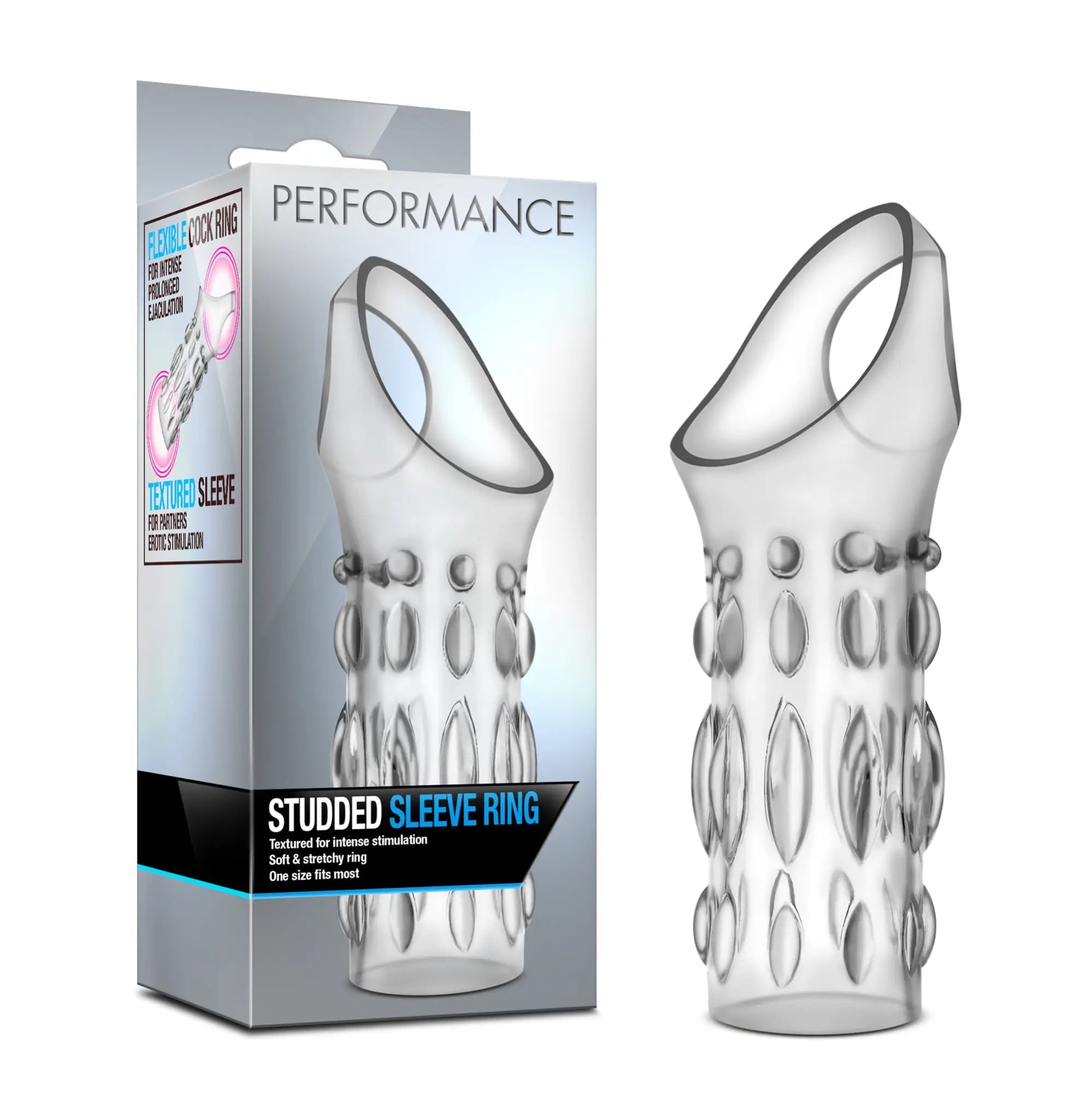 Transparent silicone studded sleeve ring with a flexible textured design for enhanced stimulation performance clear