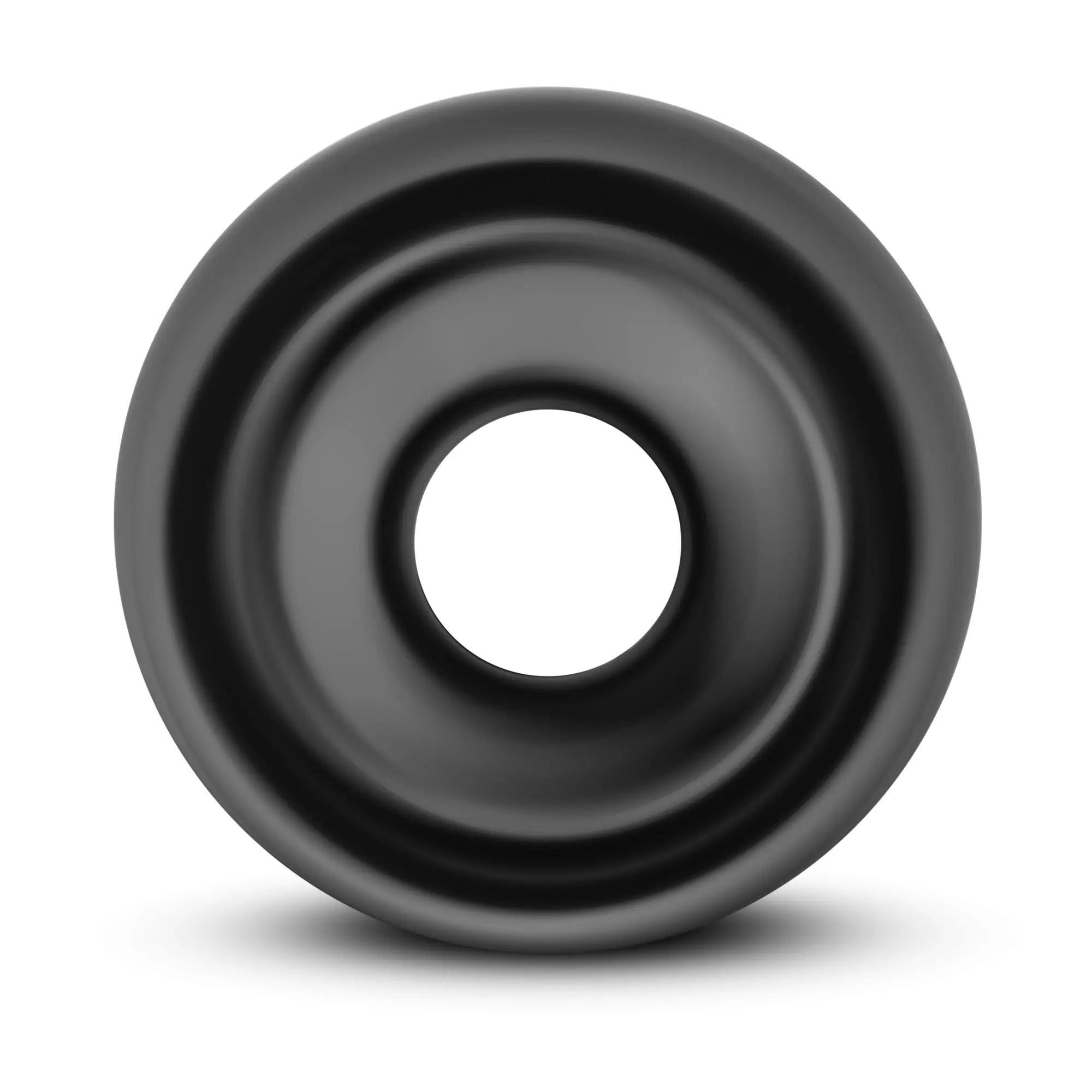 Black matte-finished silicone donut-shaped universal replacement pump sleeve with concentric circular ridges