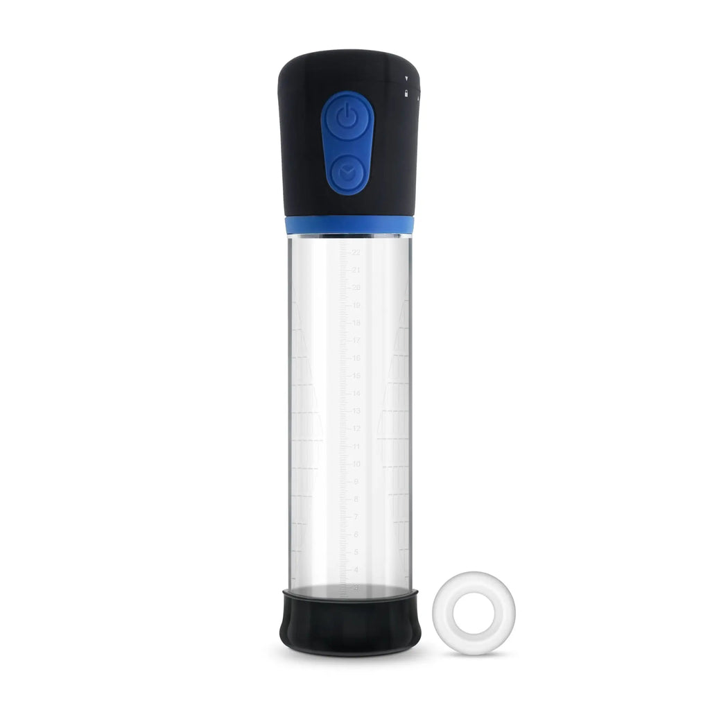Performance vx1 male enhancement pump system clear with black and blue electric pump and transparent cylinder with markings