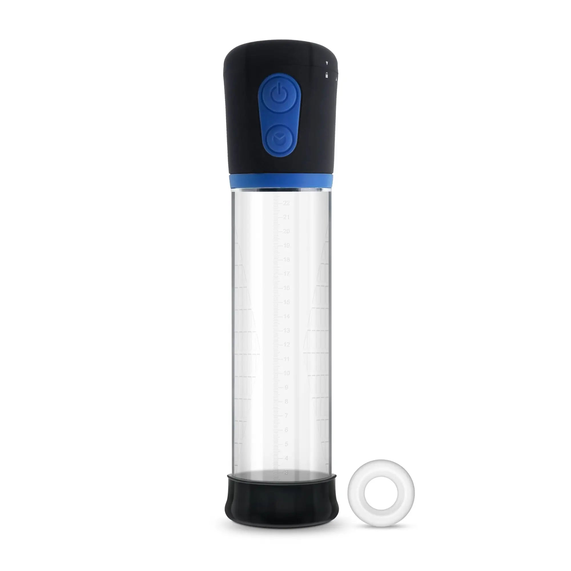 Performance vx1 male enhancement pump system clear with black and blue electric pump and transparent cylinder with markings