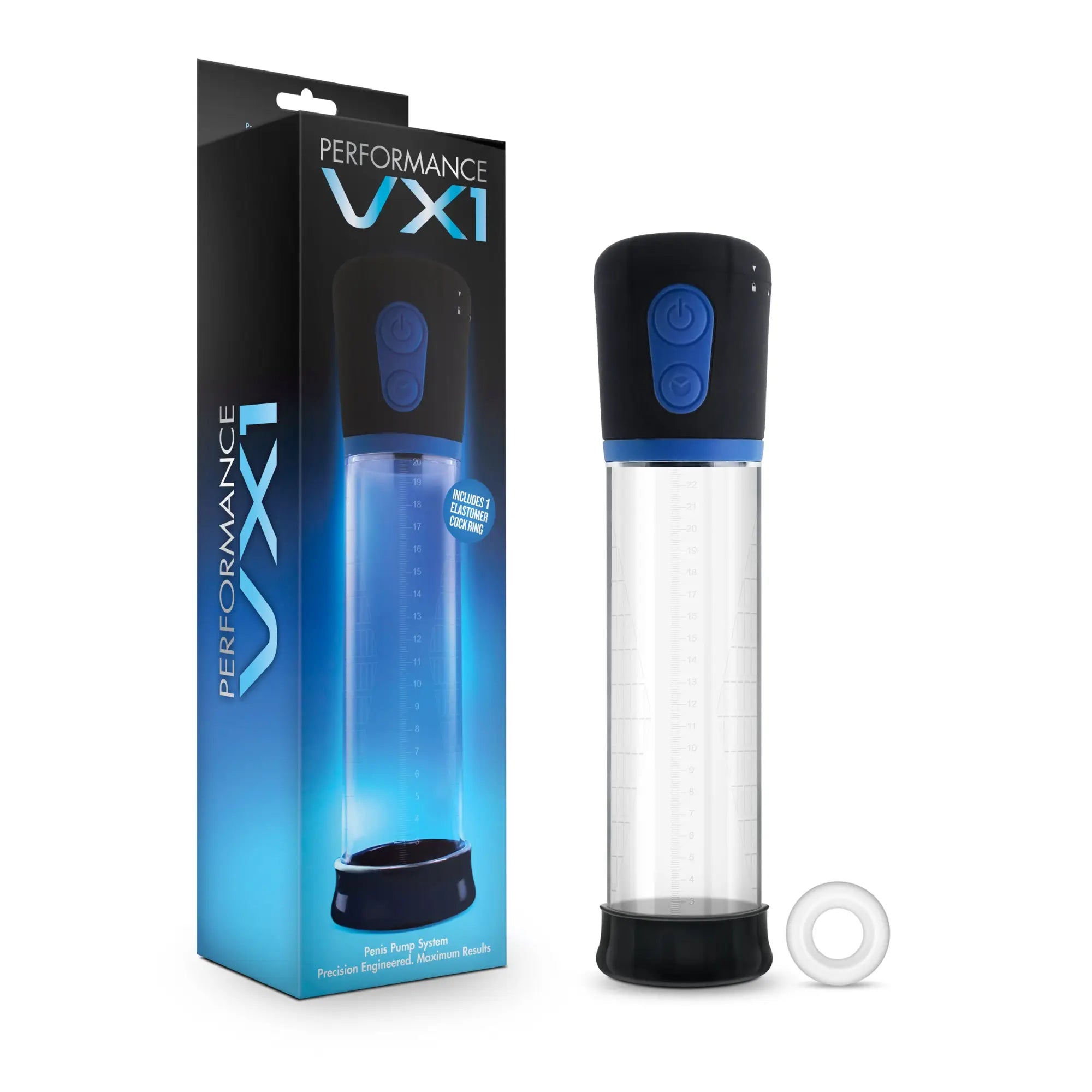 Blue and black performance vx1 male enhancement pump system with clear cylindrical chamber and blue power buttons