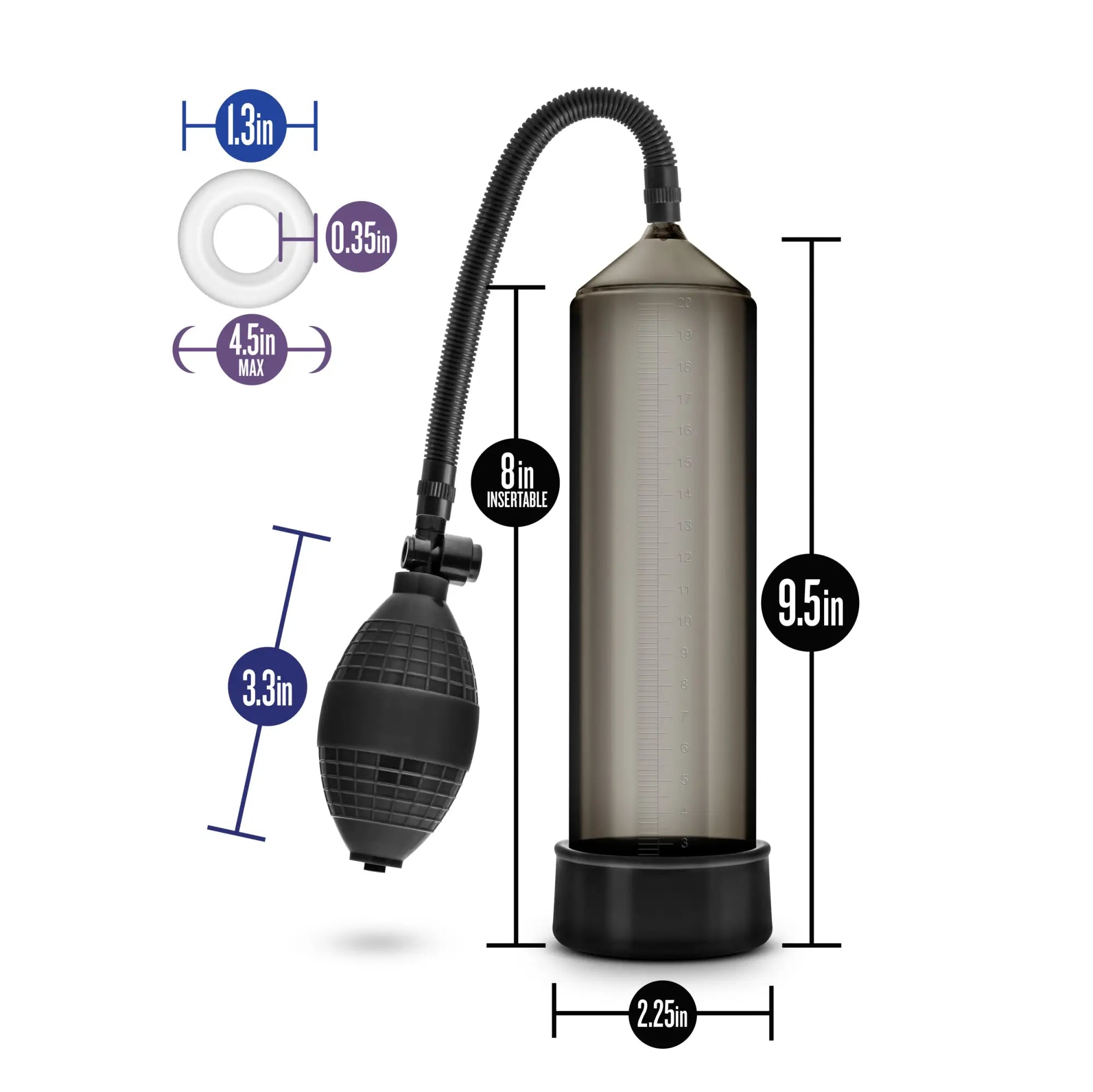 Performance performance VX101 male enhancement pump in black with a translucent gray cylinder and flexible hose for manual use