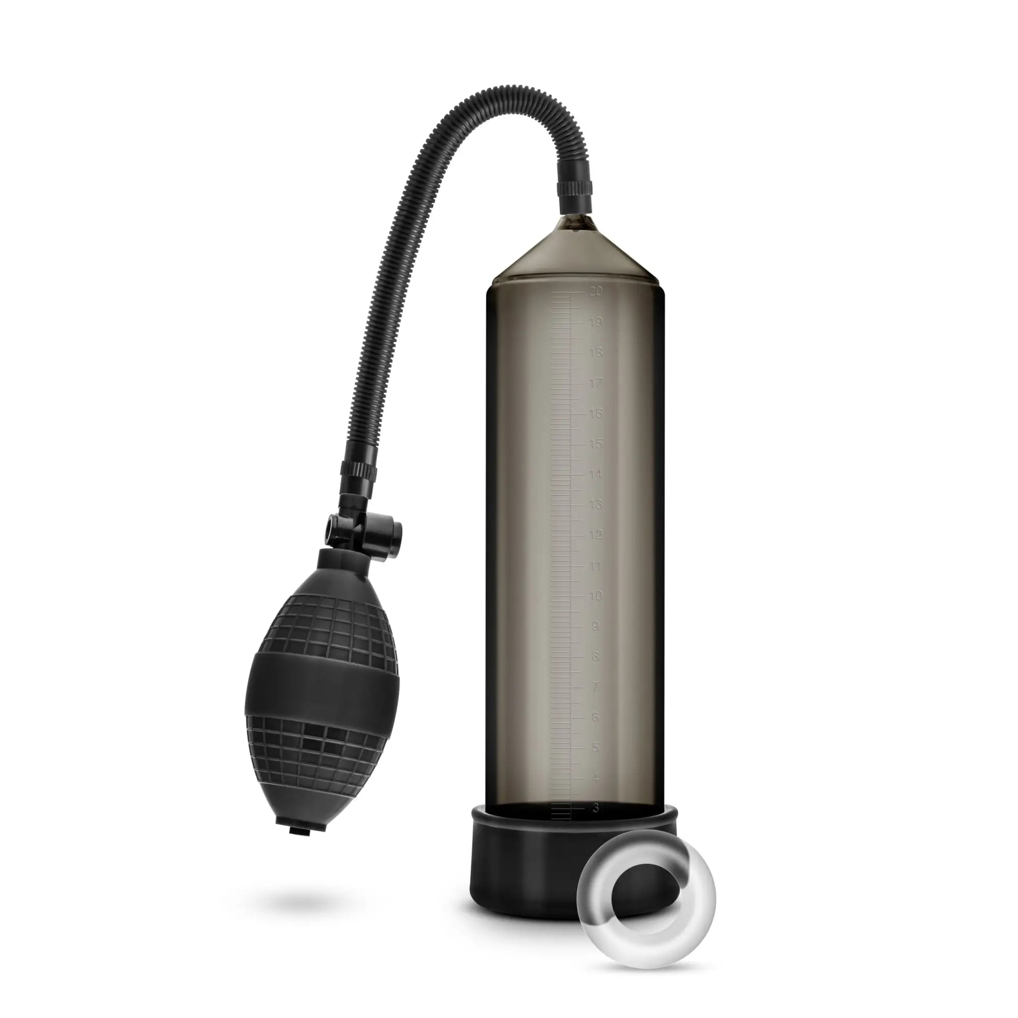 Performance vx101 male enhancement pump in black with translucent gray vacuum chamber flexible hose and clear plastic ring