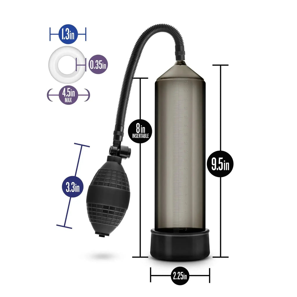 Performance performance VX101 male enhancement pump in black with a translucent gray cylinder and flexible hose.