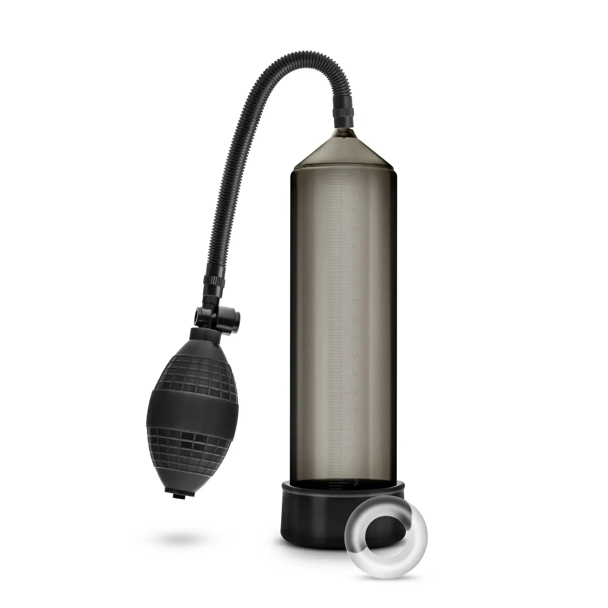 Performance vx101 male enhancement pump in black with translucent gray vacuum chamber flexible hose and clear plastic ring