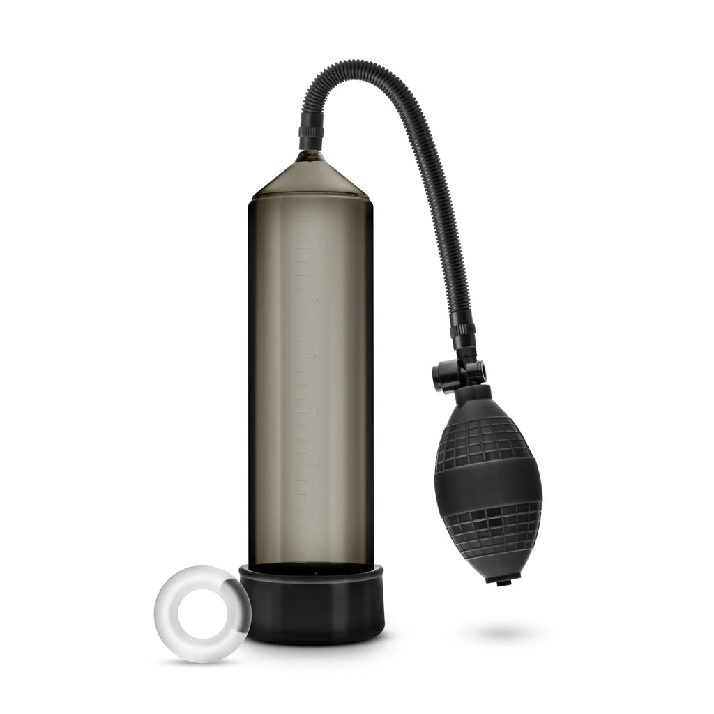 Performance vx101 male enhancement pump black with transparent cylinder, flexible hose, textured bulb, and clear ring base