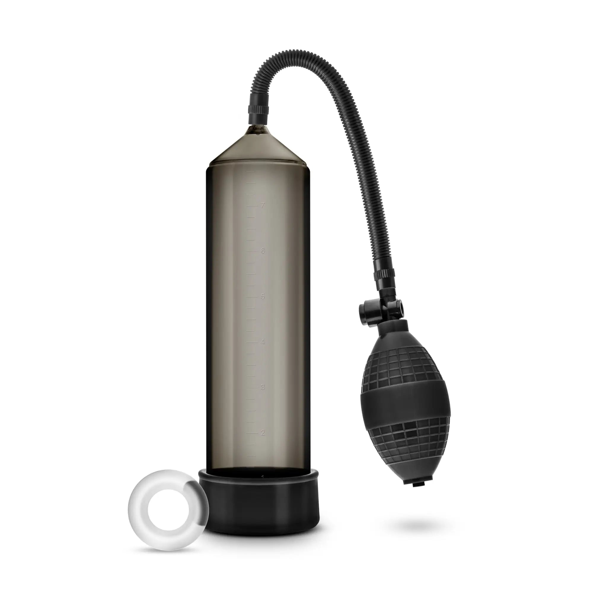 Performance vx101 male enhancement pump black with transparent cylinder, flexible hose, textured bulb, and clear ring base