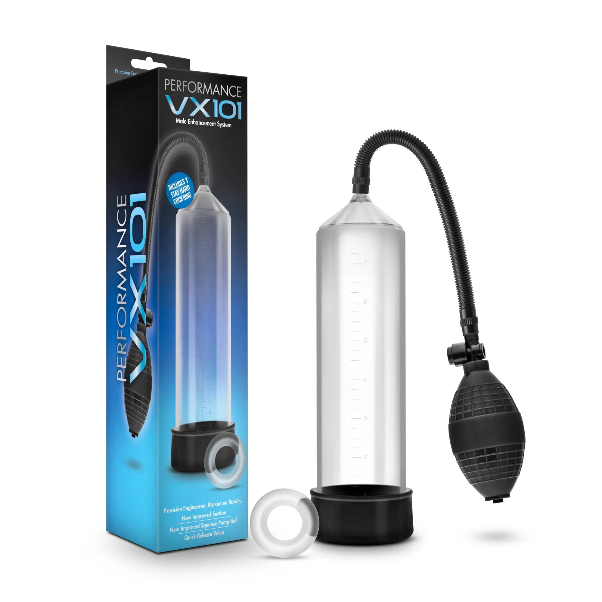 Performance vx101 male enhancement pump with clear cylindrical chamber black base pump ball and transparent ring