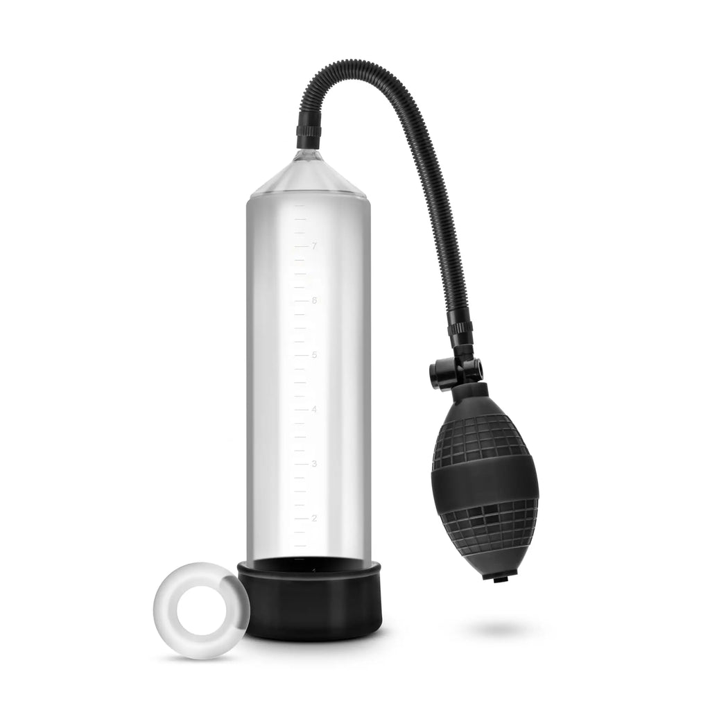Performance vx101 male enhancement pump with black and clear vacuum pump, textured bulb, and flexible hose