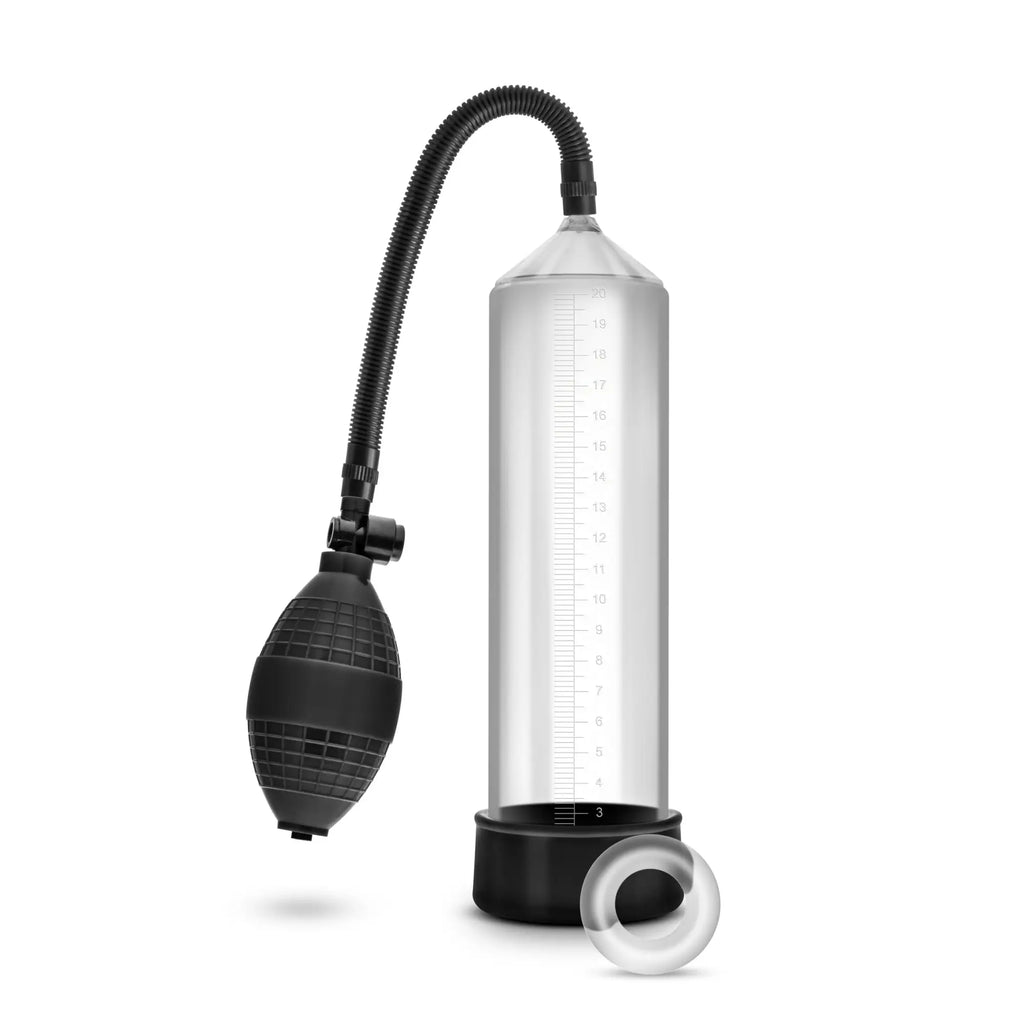 Performance vx101 male enhancement pump clear transparent cylindrical vacuum pump with black rubber bulb and measurement markings