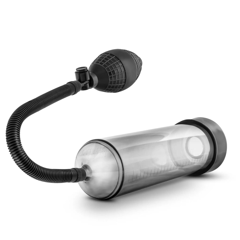 Transparent cylindrical vacuum pump performance vx101 with black flexible hose and textured black bulb for male enhancement