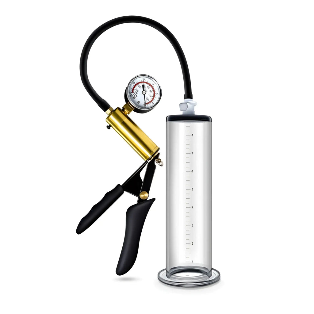 Performance vx6 male enhancement pump with transparent glass suction cup black rubber seal and gold metal handle gauge