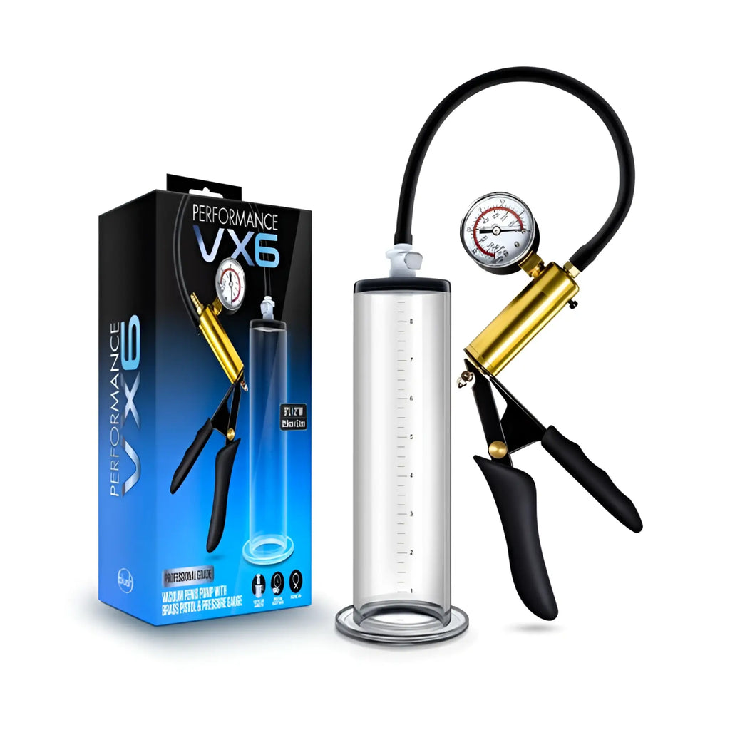 Performance vx6 male enhancement pump system with transparent chamber, gold handle, pressure gauge, and black tubing