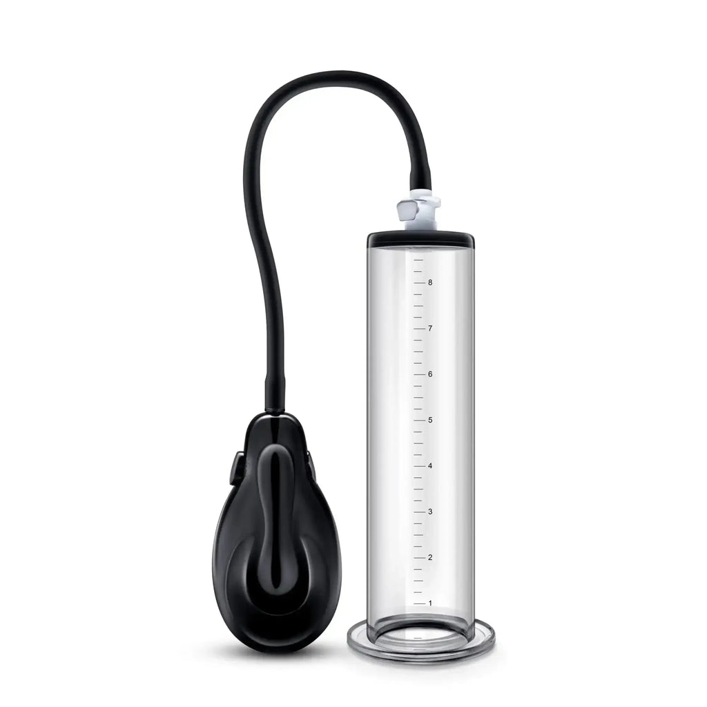 Black and clear glass vacuum penis pump with black flexible hose and handle performance vx9 auto model