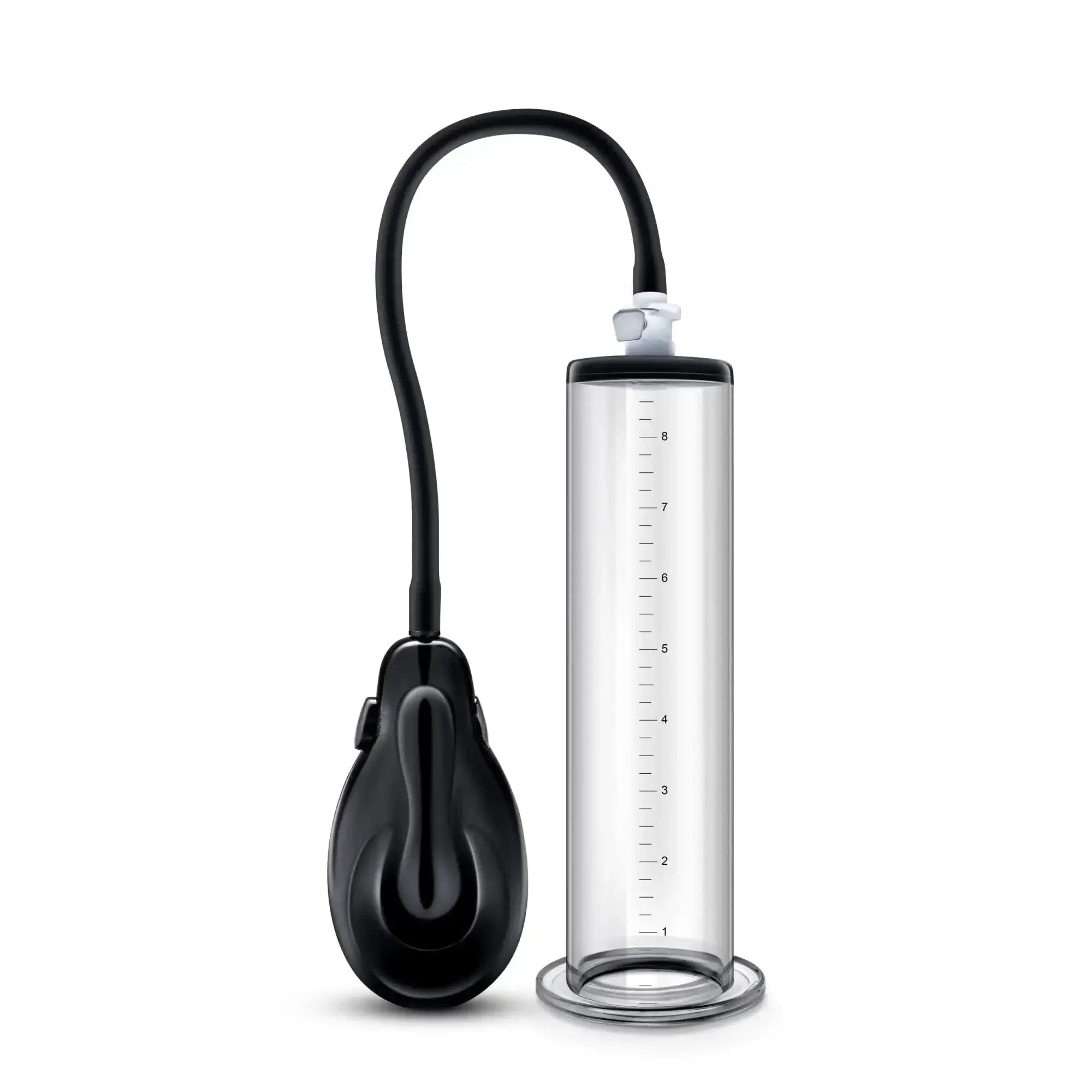 Black and clear glass vacuum penis pump with black flexible hose and handle performance vx9 auto model