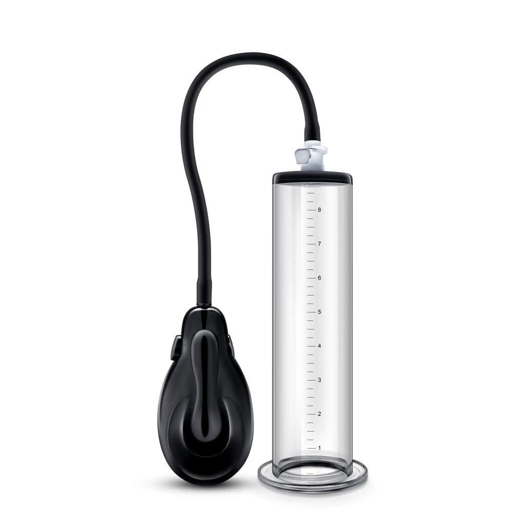 Black and clear glass vacuum penis pump with black flexible hose and handle performance vx9 auto model