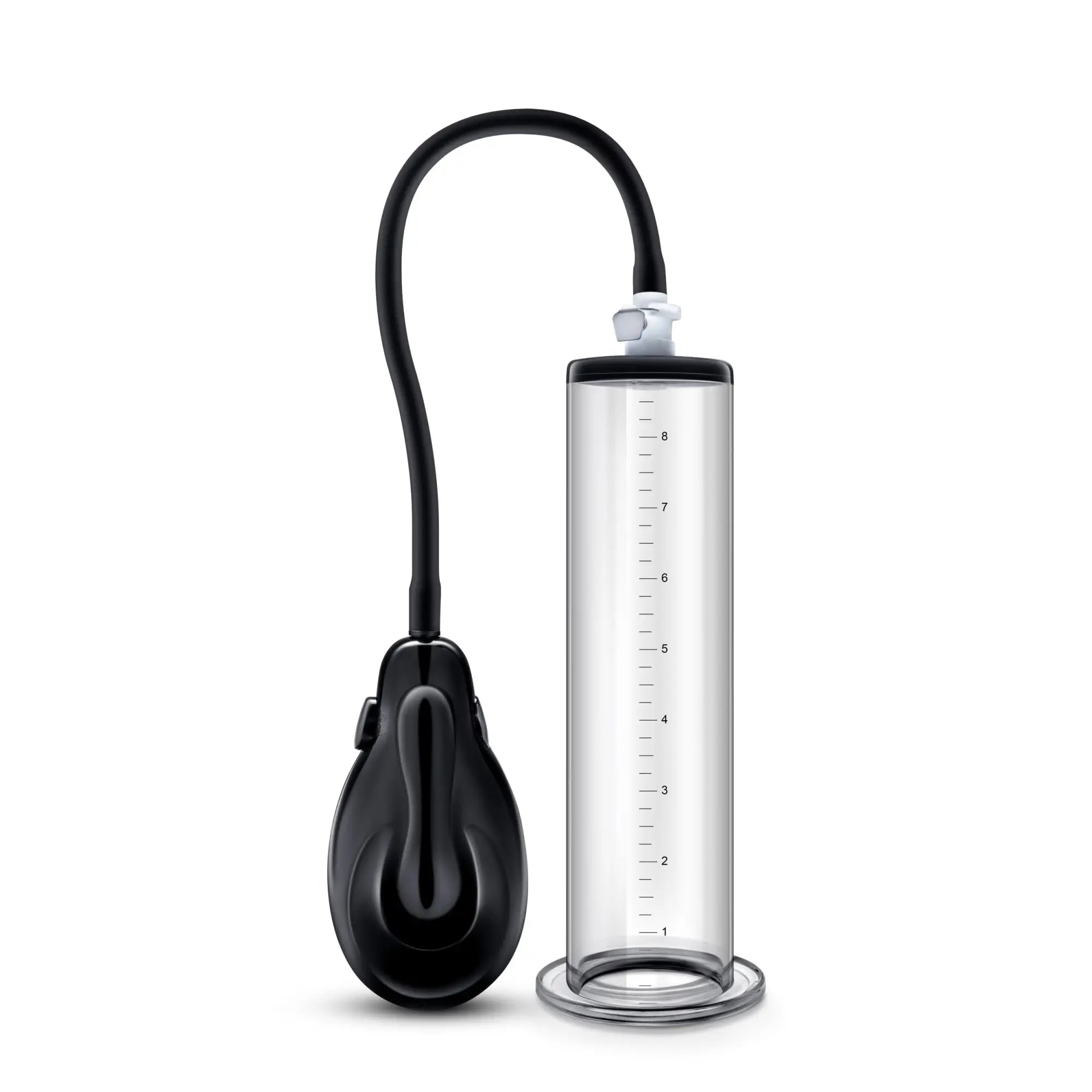 Black and clear glass vacuum penis pump with black flexible hose and handle performance vx9 auto model