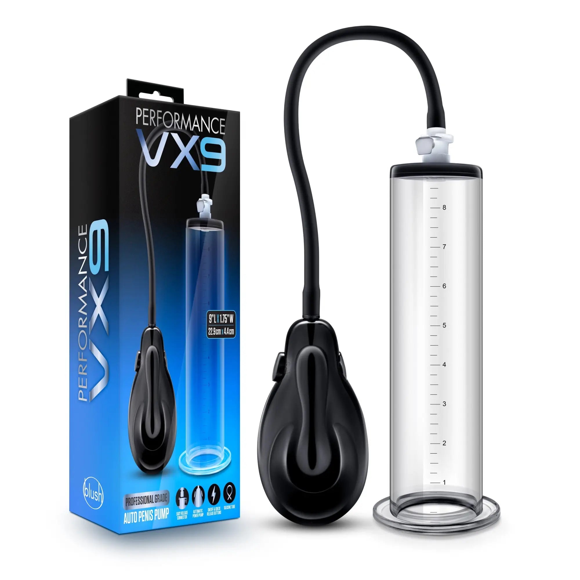 Performance vx9 auto penis pump with clear glass cylinder and black plastic base featuring measurement markings