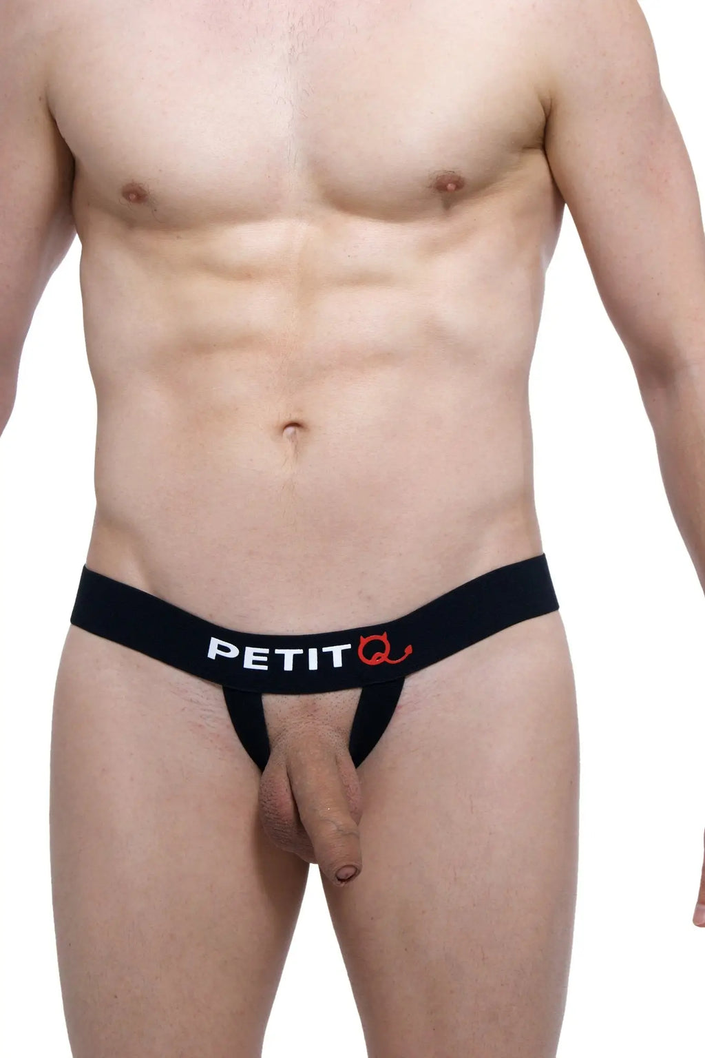 Black petitq ball lifter thong with white and red logo on waistband designed for lifting and support