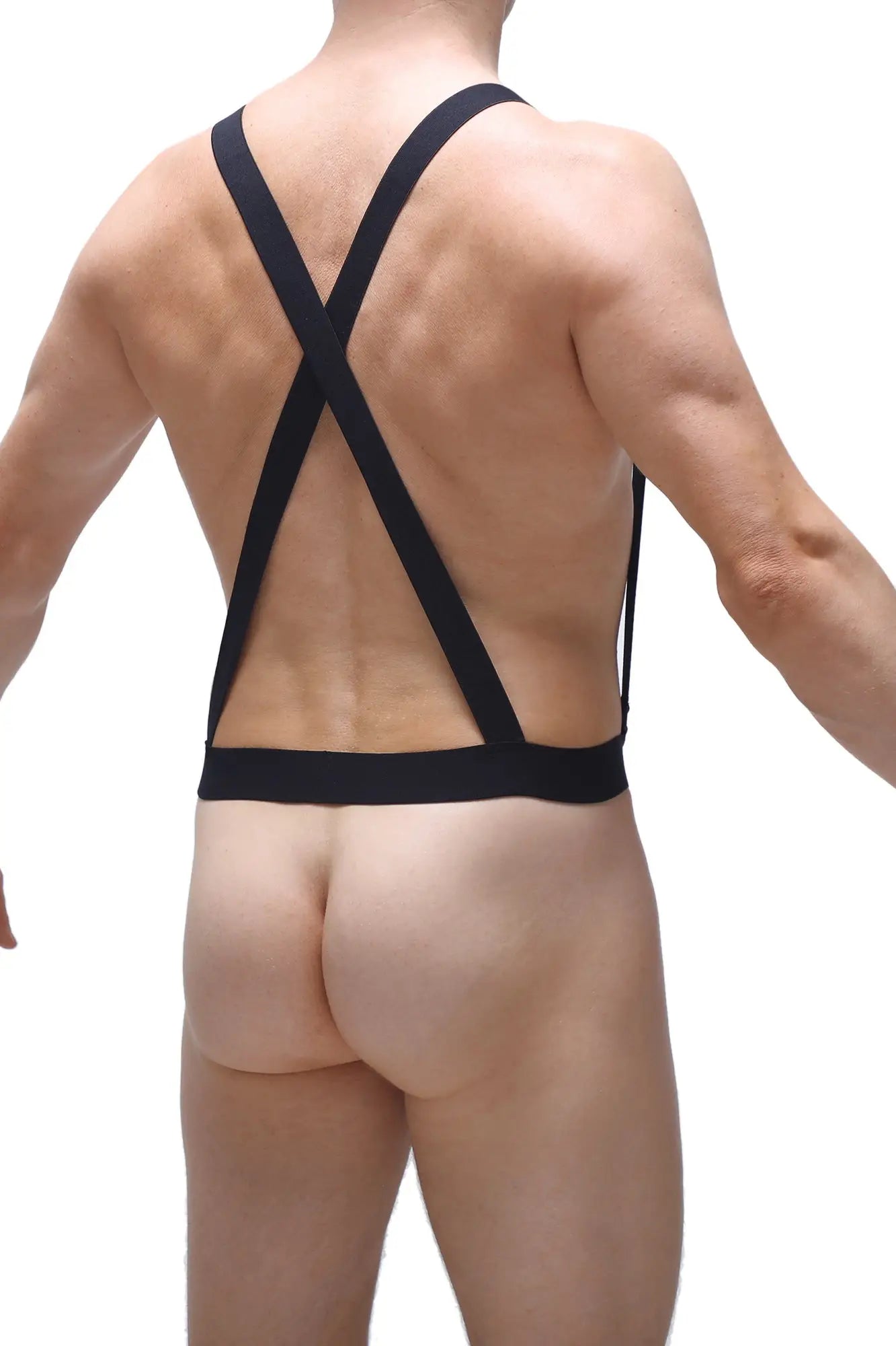 Black cross-back strappy bodysuit showing back design from petitq ball-lifter bretelles collection