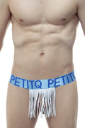 Light blue and white fringed petitq ball lifter men’s underwear with petitq branded waistband in front view